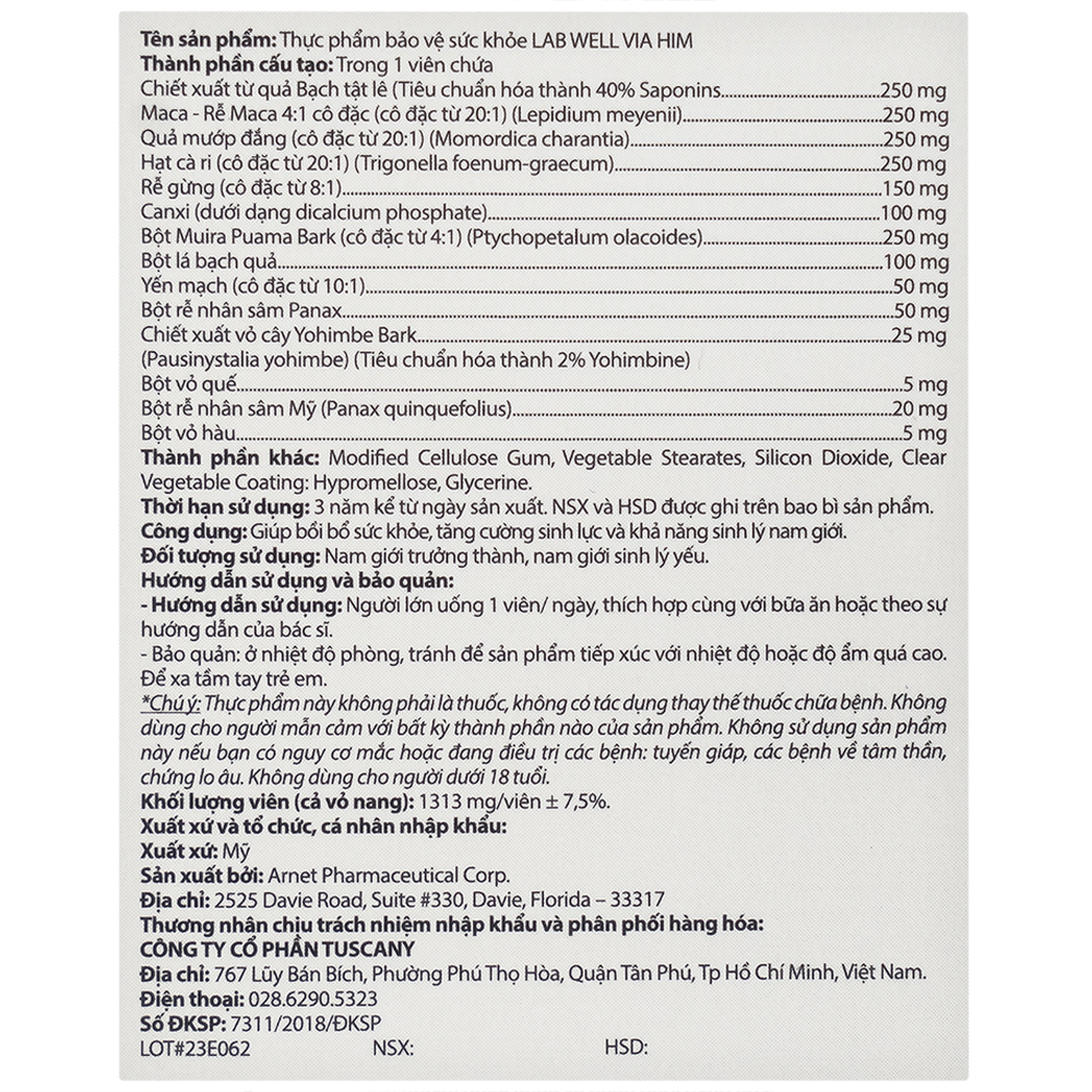 Viên uống Via Him Lab Well bồi bổ sức khỏe, tăng cường sinh lực và khả năng sinh lý ở nam giới (30 viên)