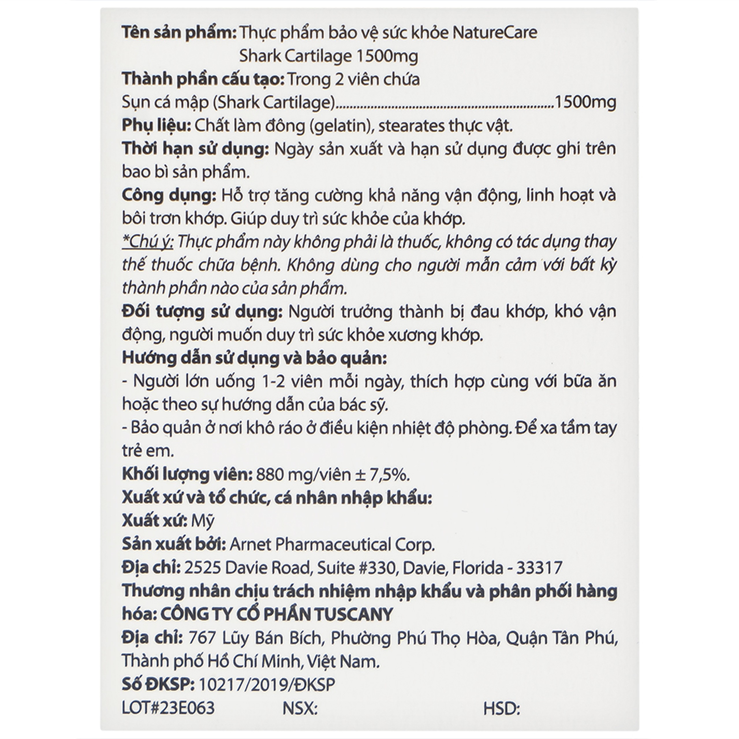 Viên uống hỗ trợ bôi trơn khớp, duy trì sức khỏe của khớp Shark Cartilage NatureCare (60 viên)