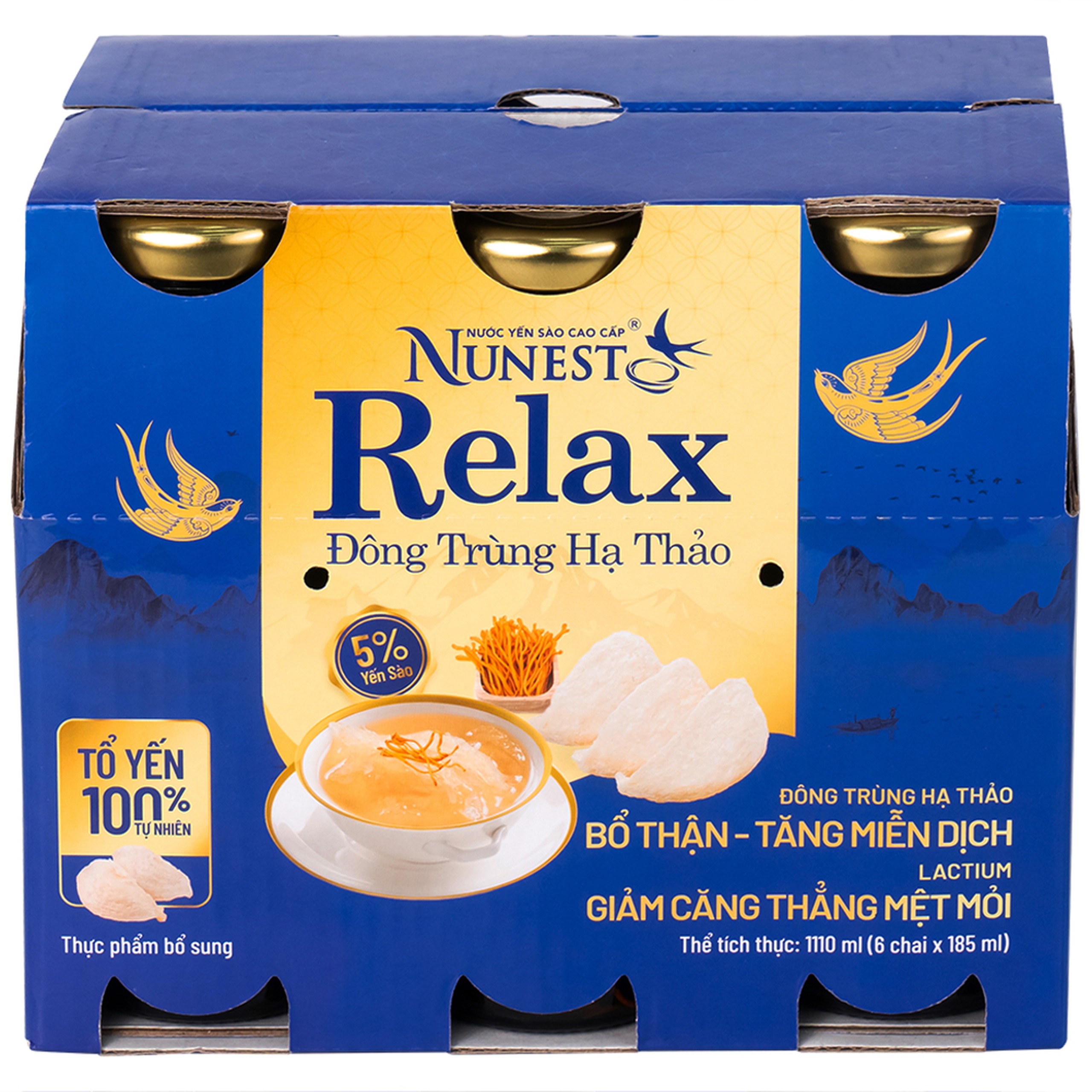 Nước Yến Sào Cao Cấp Nunest Relax Đông Trùng Hạ Thảo 5% Yến (6 chai x 185ml)