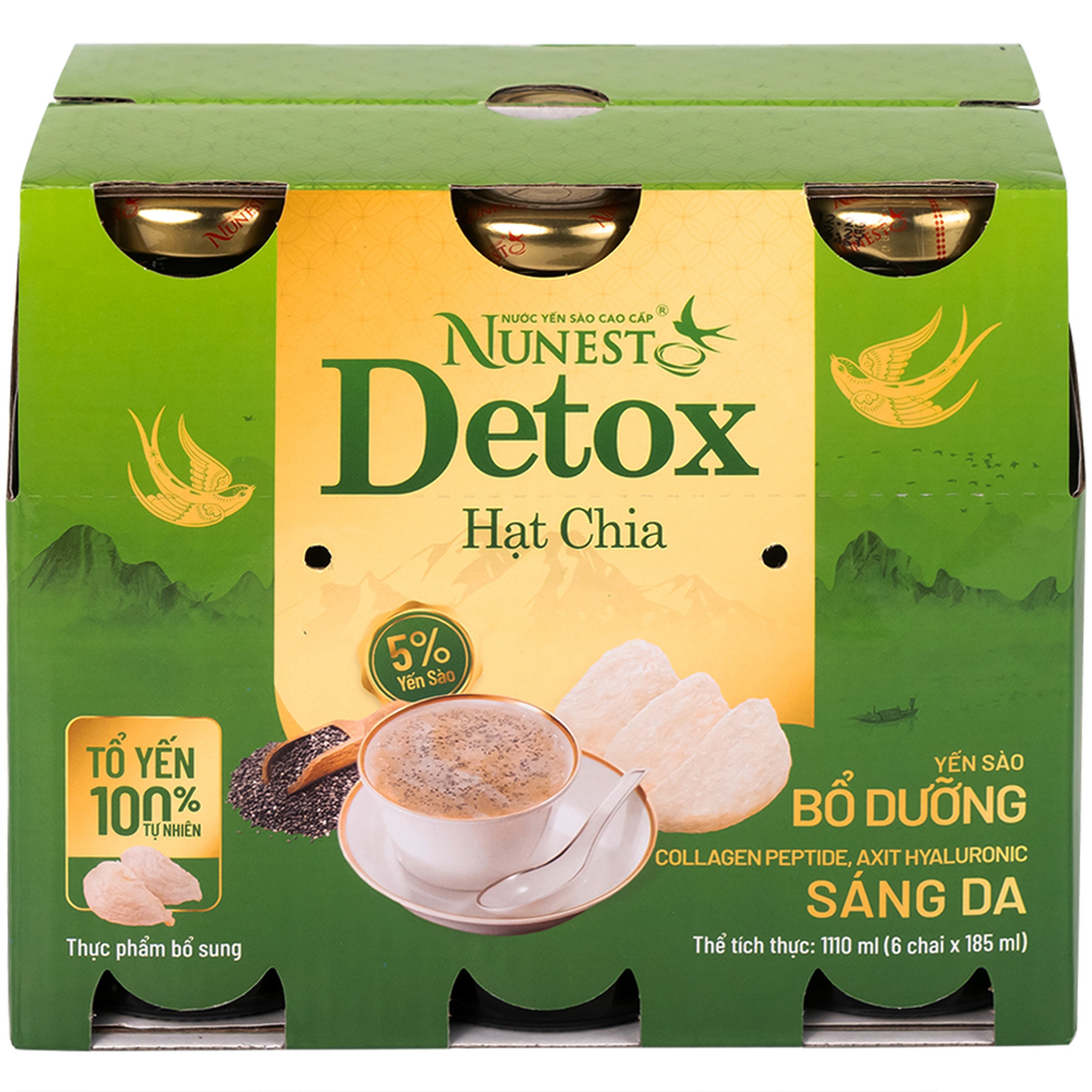 Nước Yến Sào Cao Cấp Nunest Detox Hạt Chia 5% Yến (6 chai x 185ml)