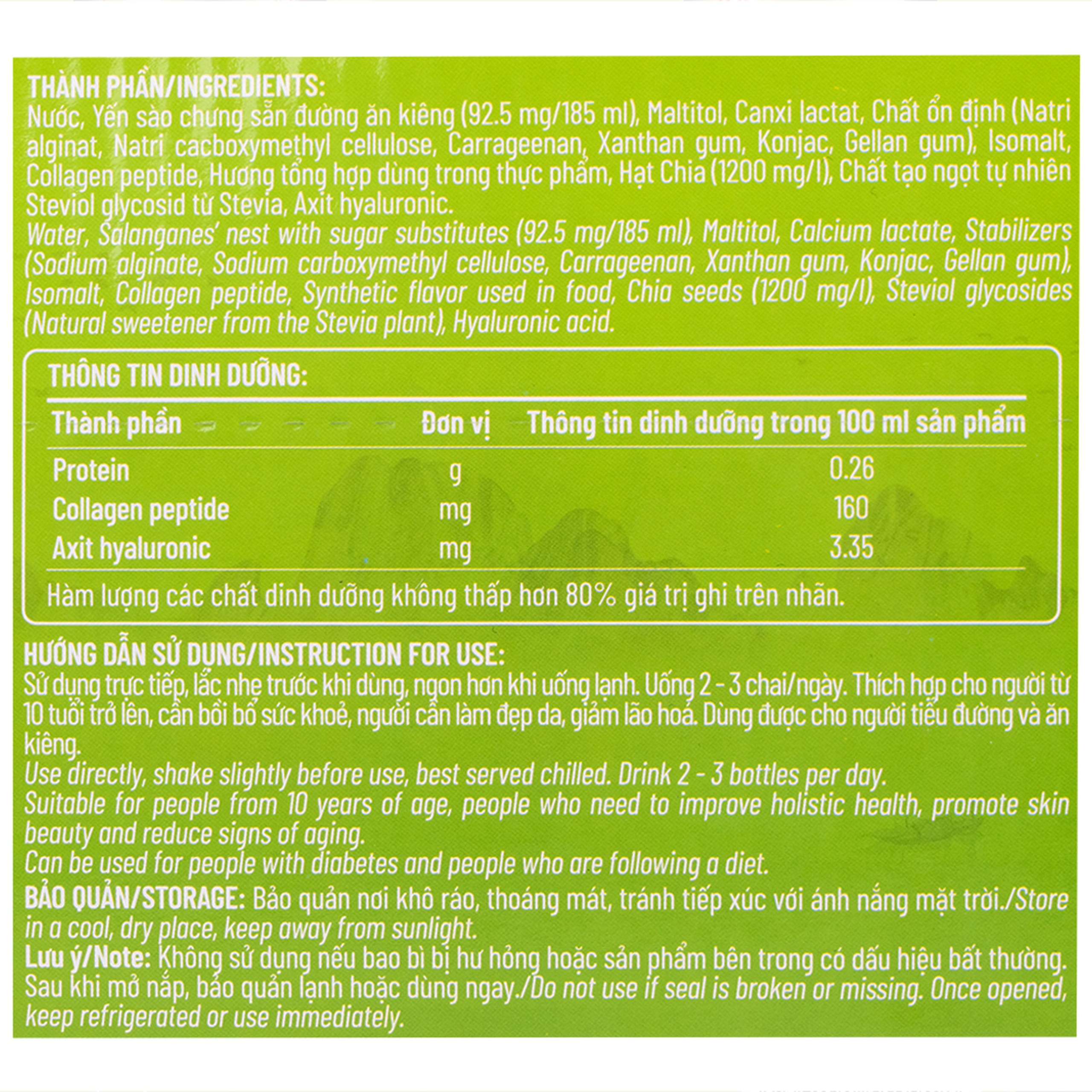 Nước Yến Sào Cao Cấp Nunest Detox Hạt Chia 5% Yến (6 chai x 185ml)