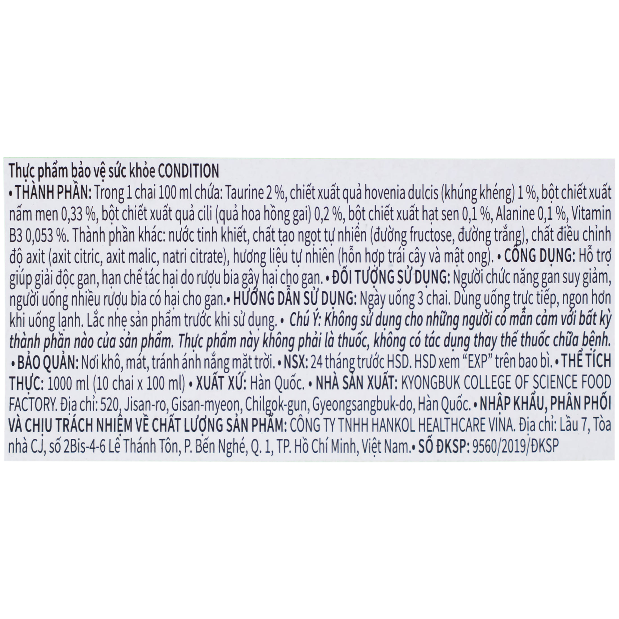 Thực phẩm bảo vệ sức khỏe Condition hỗ trợ giải độc gan, giải rượu (100ml)