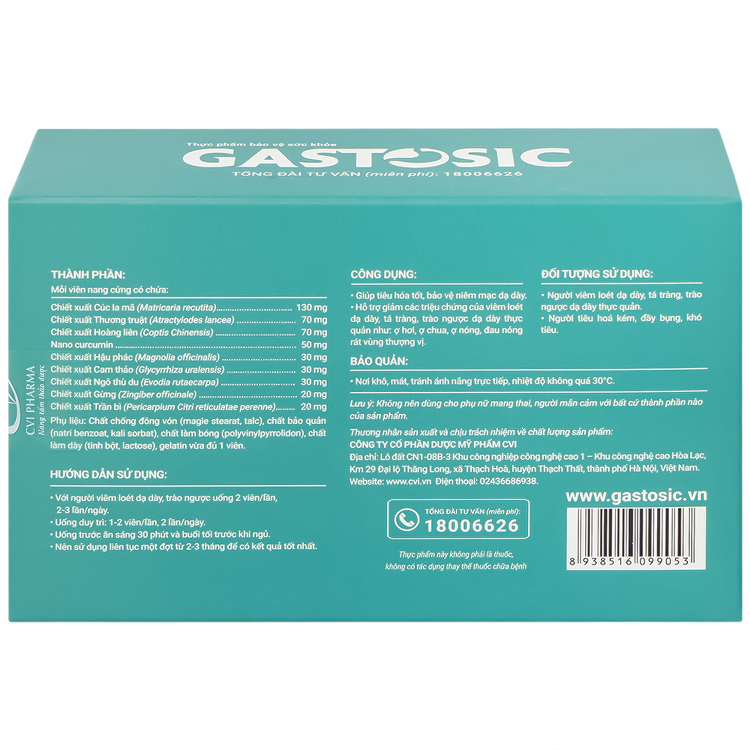 Viên uống Gastosic CVI Pharma giúp tiêu hóa tốt, bảo vệ niêm mạc dạ dày (3 vỉ x 10 viên)