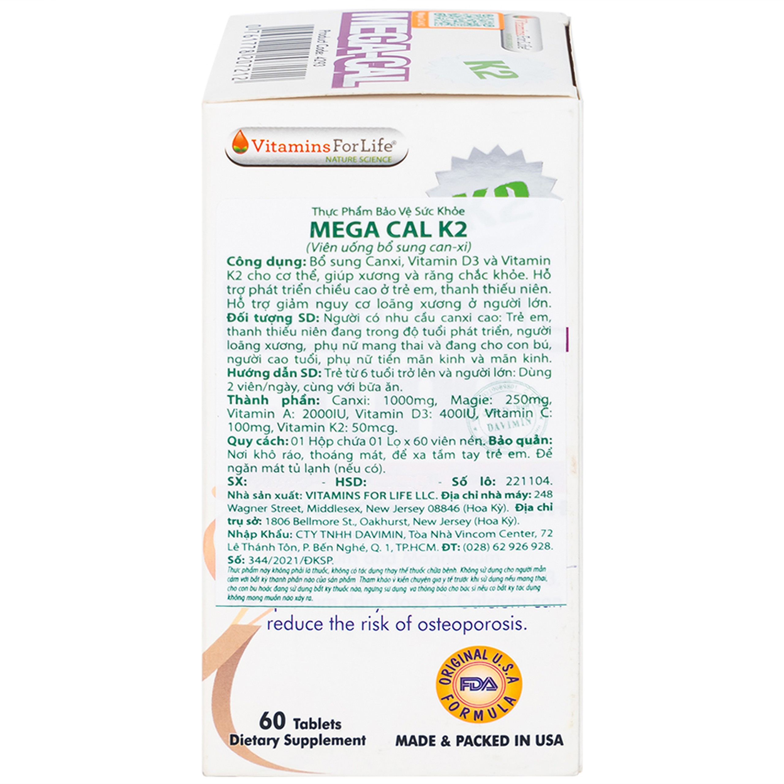 Viên uống Mega-Cal 1000 Vitamins For Life giúp bổ sung canxi, chống loãng xương (60 viên)