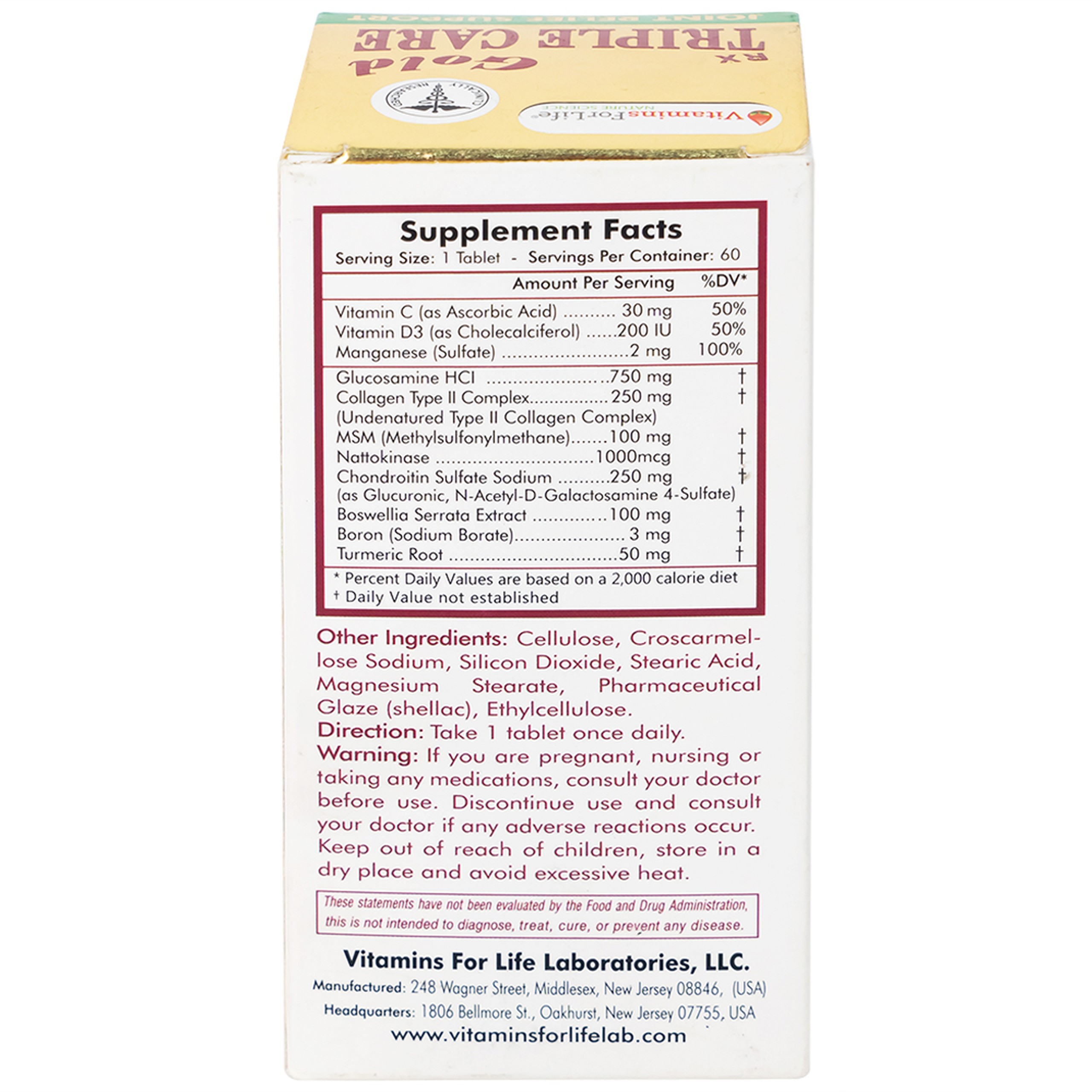 Viên uống giúp tăng tiết dịch khớp, giảm thoái hóa khớp Triple Care Gold Vitamins For Life (60 viên)