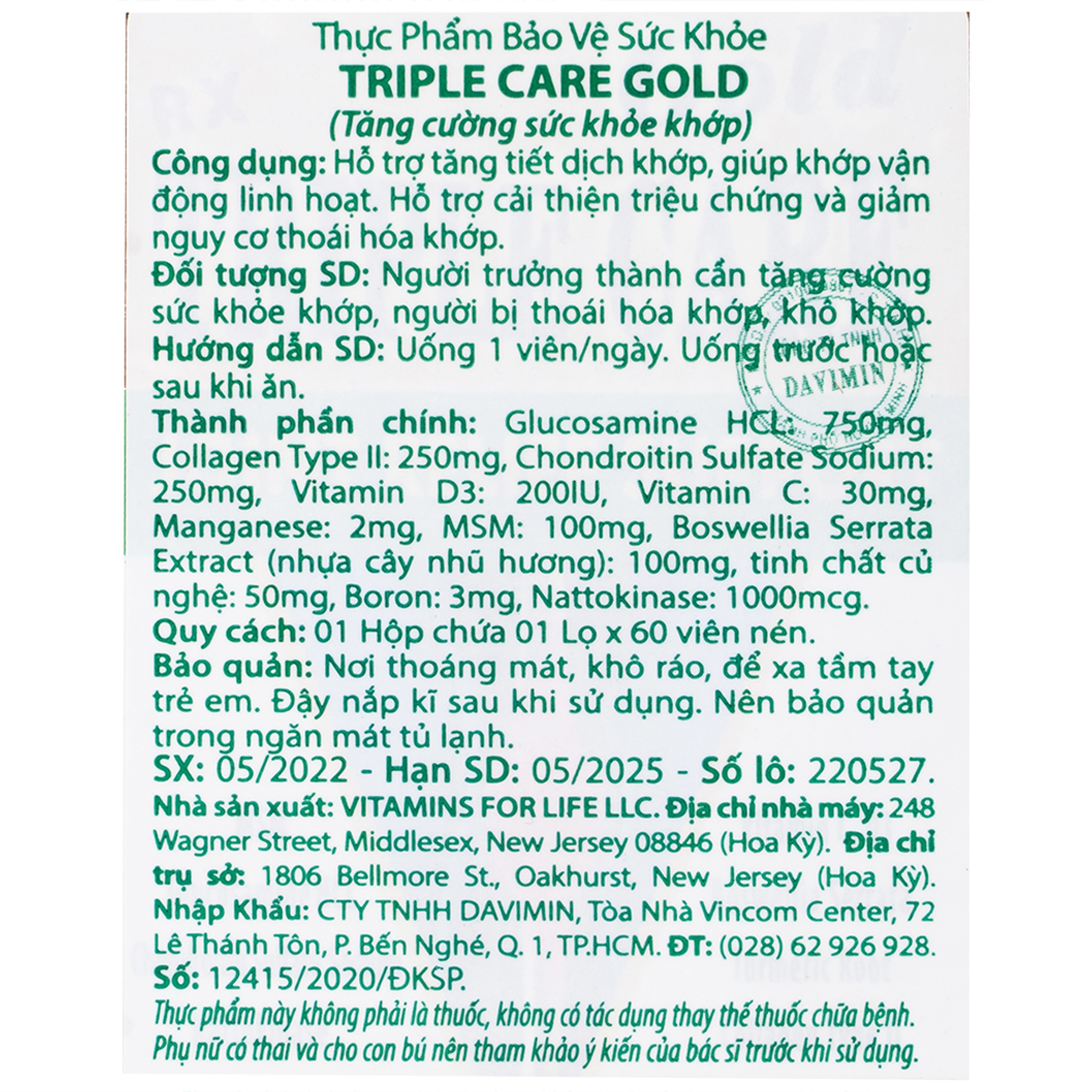 Viên uống giúp tăng tiết dịch khớp, giảm thoái hóa khớp Triple Care Gold Vitamins For Life (60 viên)