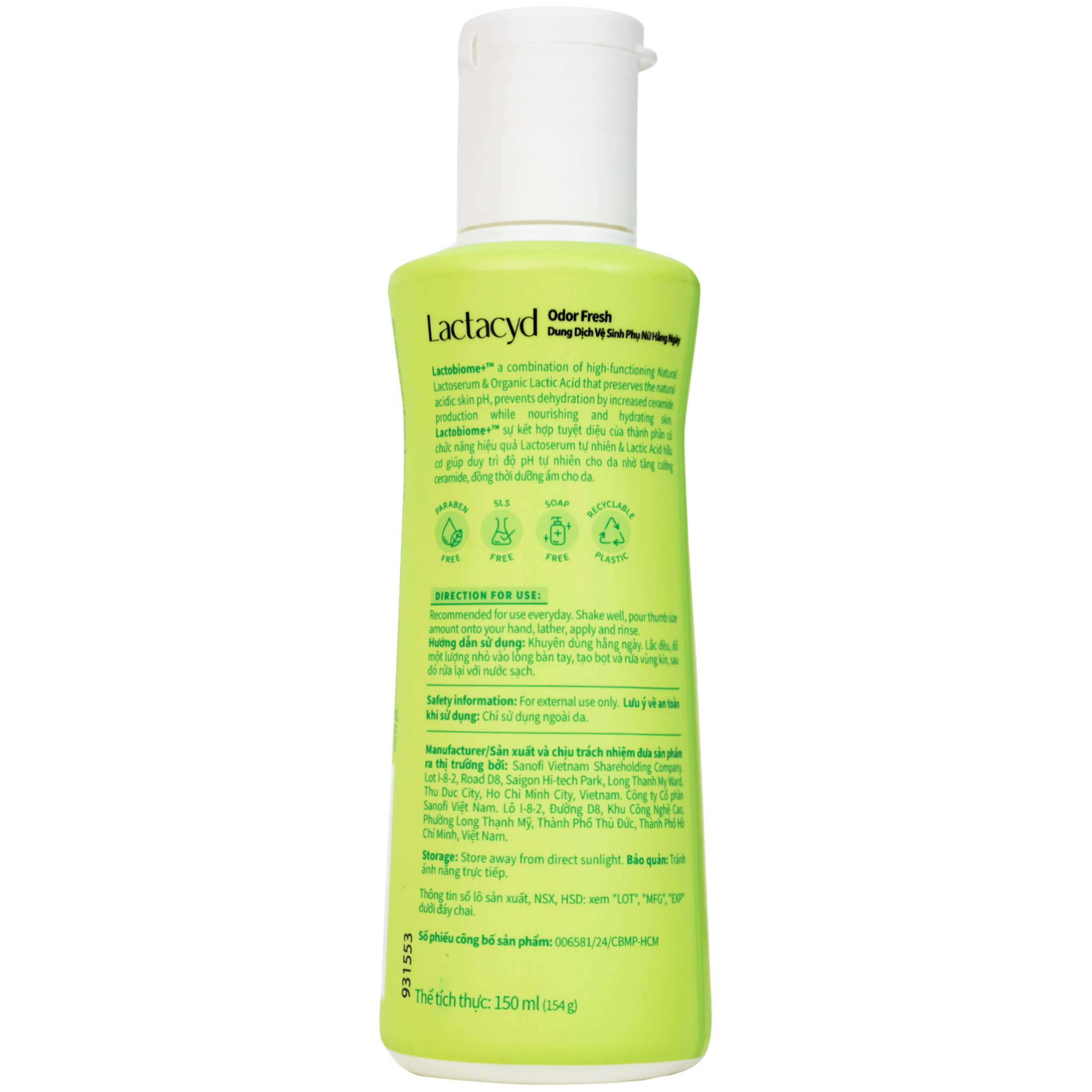 Dung dịch vệ sinh phụ nữ Lactacyd Odor Fresh ngăn mùi suốt 24h (150ml)