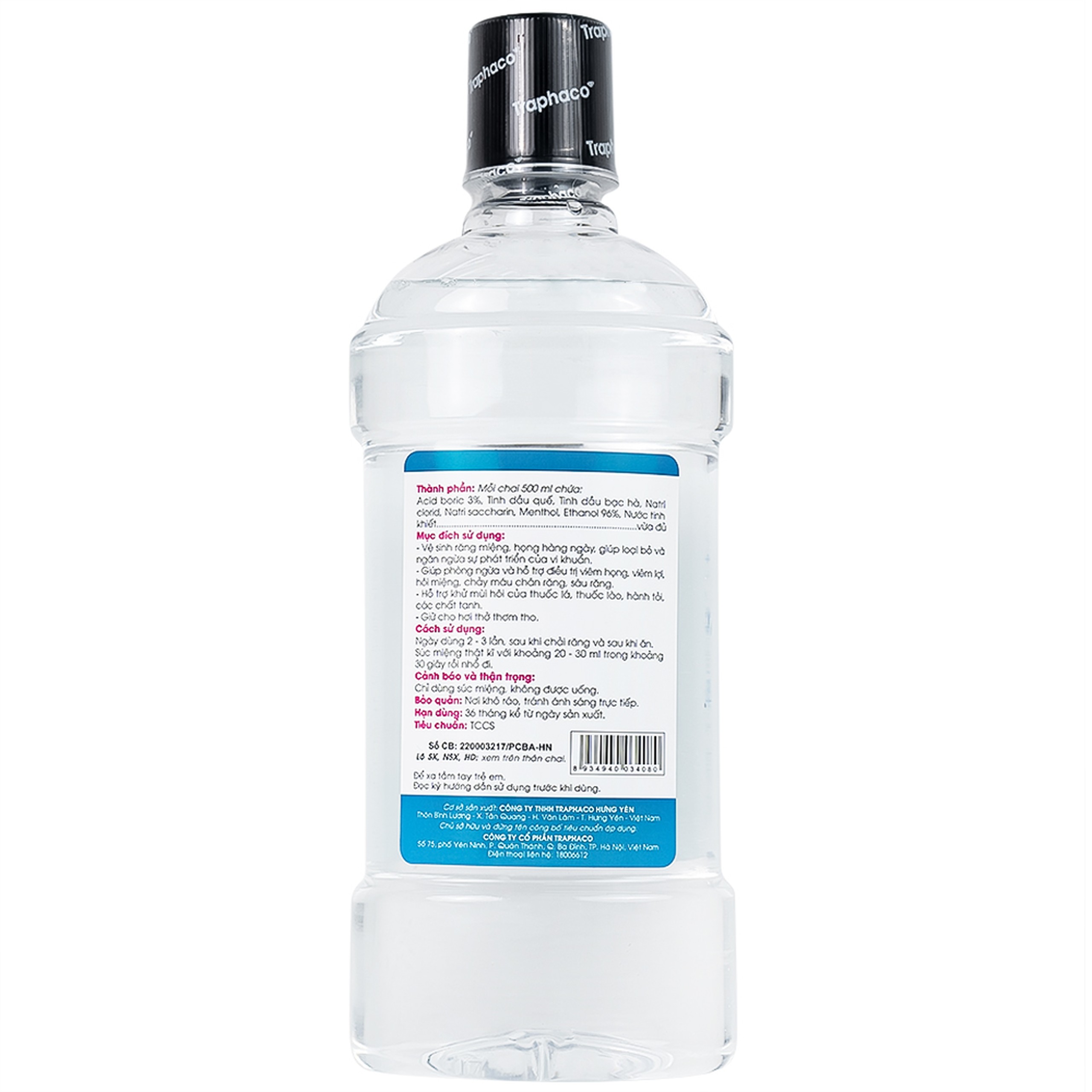 Nước súc miệng T-B Traphaco 500ml giúp vệ sinh răng miệng, họng, ngừa viêm họng, sạch răng