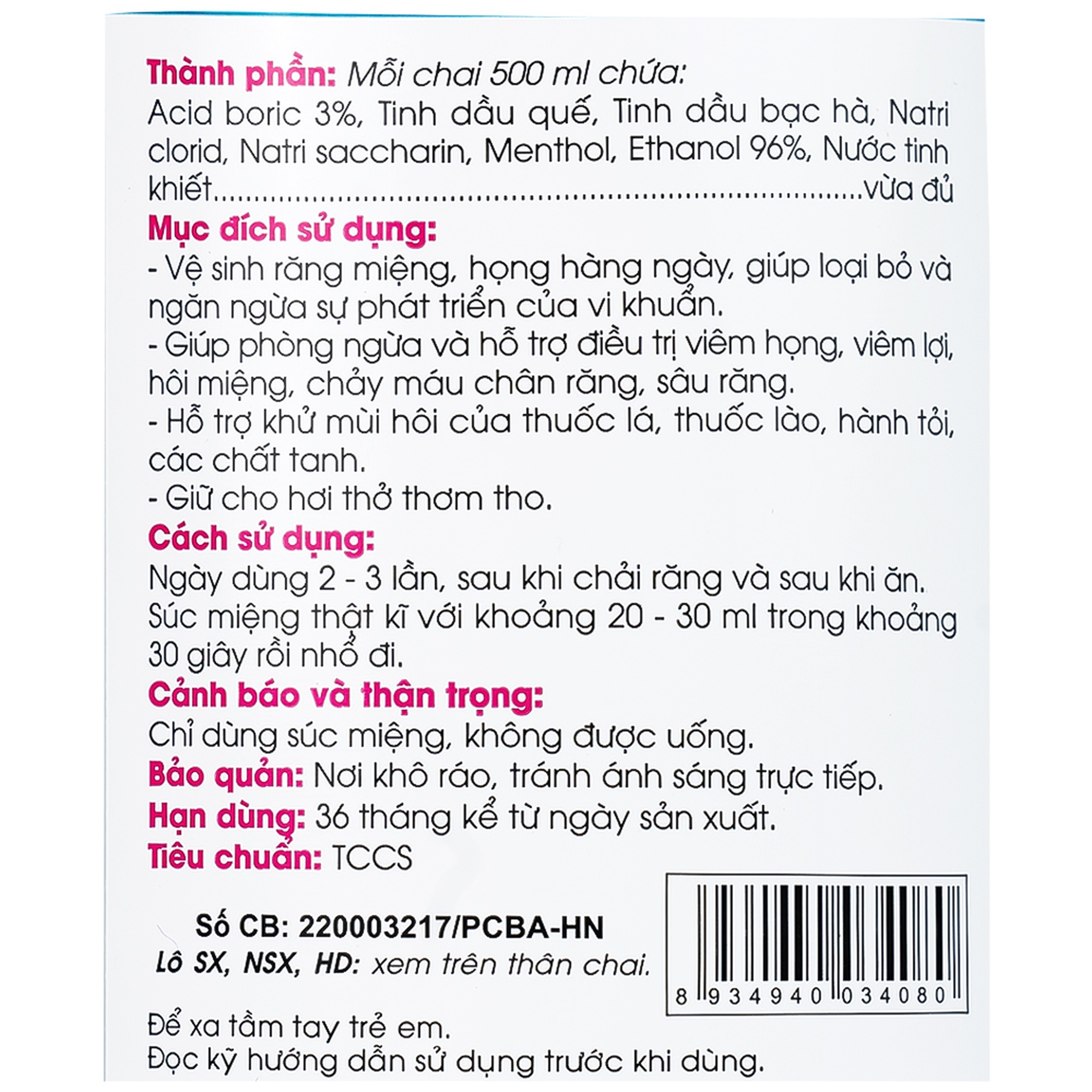 Nước súc miệng T-B Traphaco 500ml giúp vệ sinh răng miệng, họng, ngừa viêm họng, sạch răng