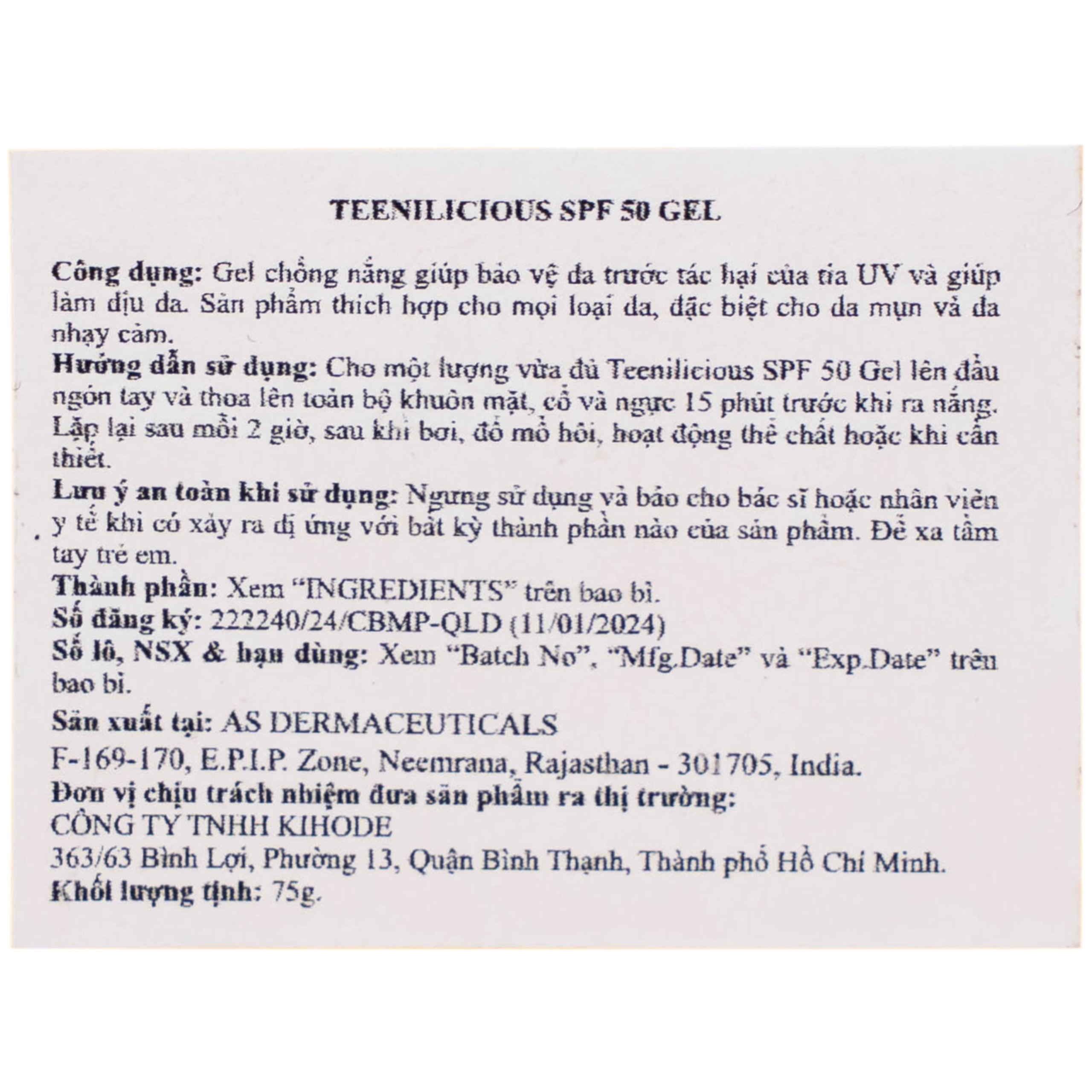 Gel chống nắng cho da mụn và nhạy cảm Teenilicious SPF50 PA+++ hộp 75g