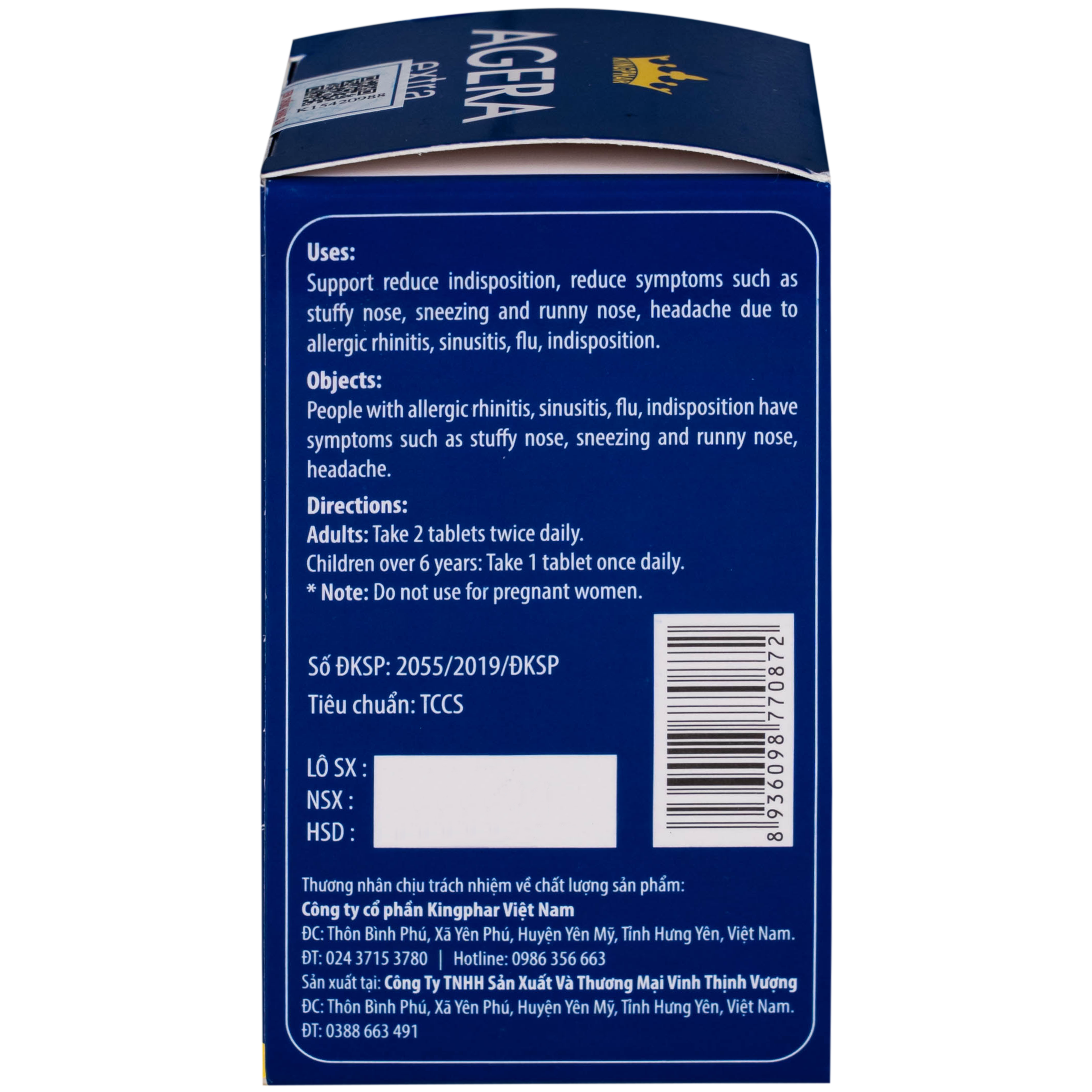 Viên uống Agera Extra Kingphar hỗ trợ giảm ngạt mũi, hắt hơi (60 viên)