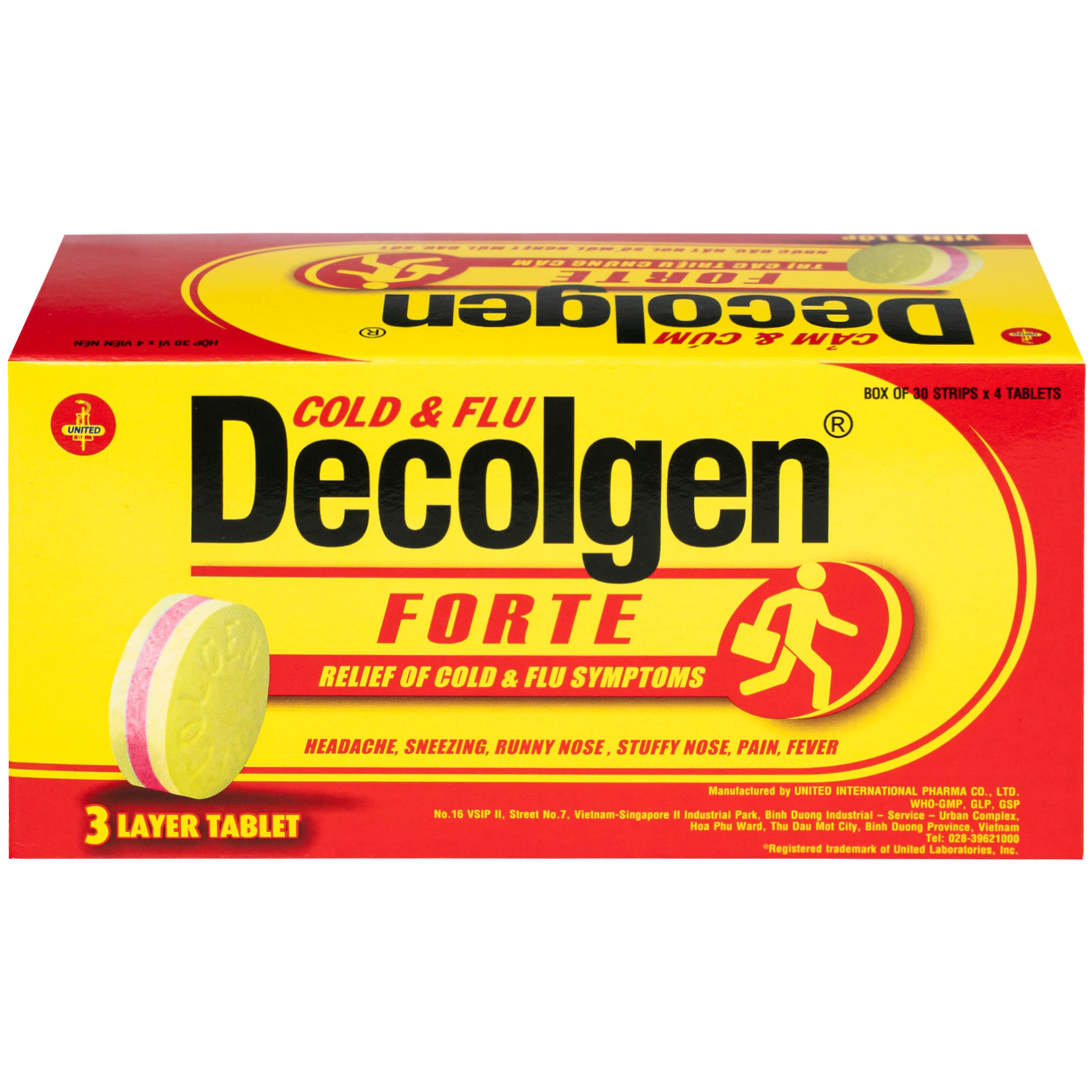 Thuốc Decolgen Forte United giảm các triệu chứng cảm cúm, sốt, đau họng, nghẹt mũi (30 vỉ x 4 viên)