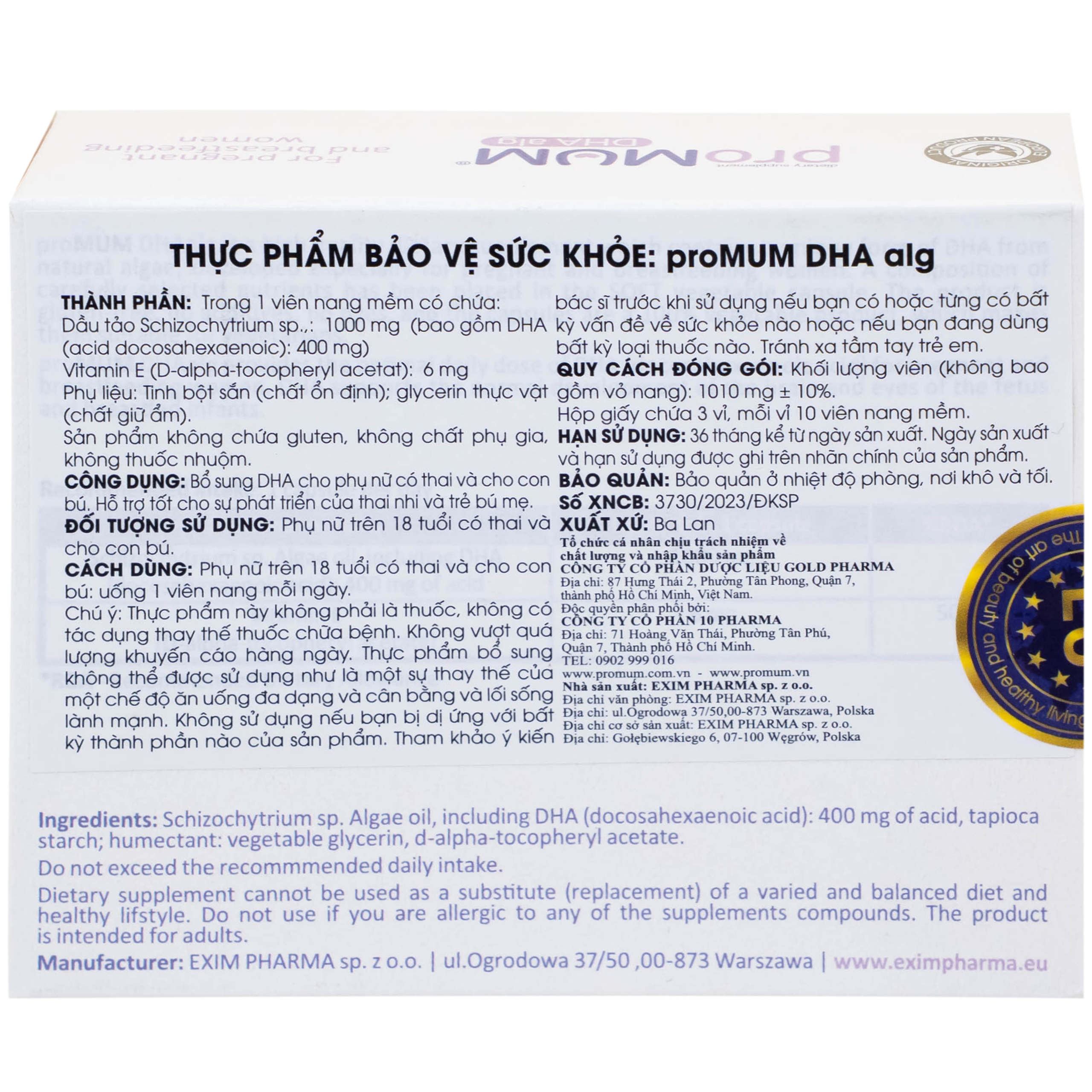 Viên uống proMUM DHA Alg bổ sung DHA cho phụ nữ có thai và cho con bú (3 vỉ x 10 viên)