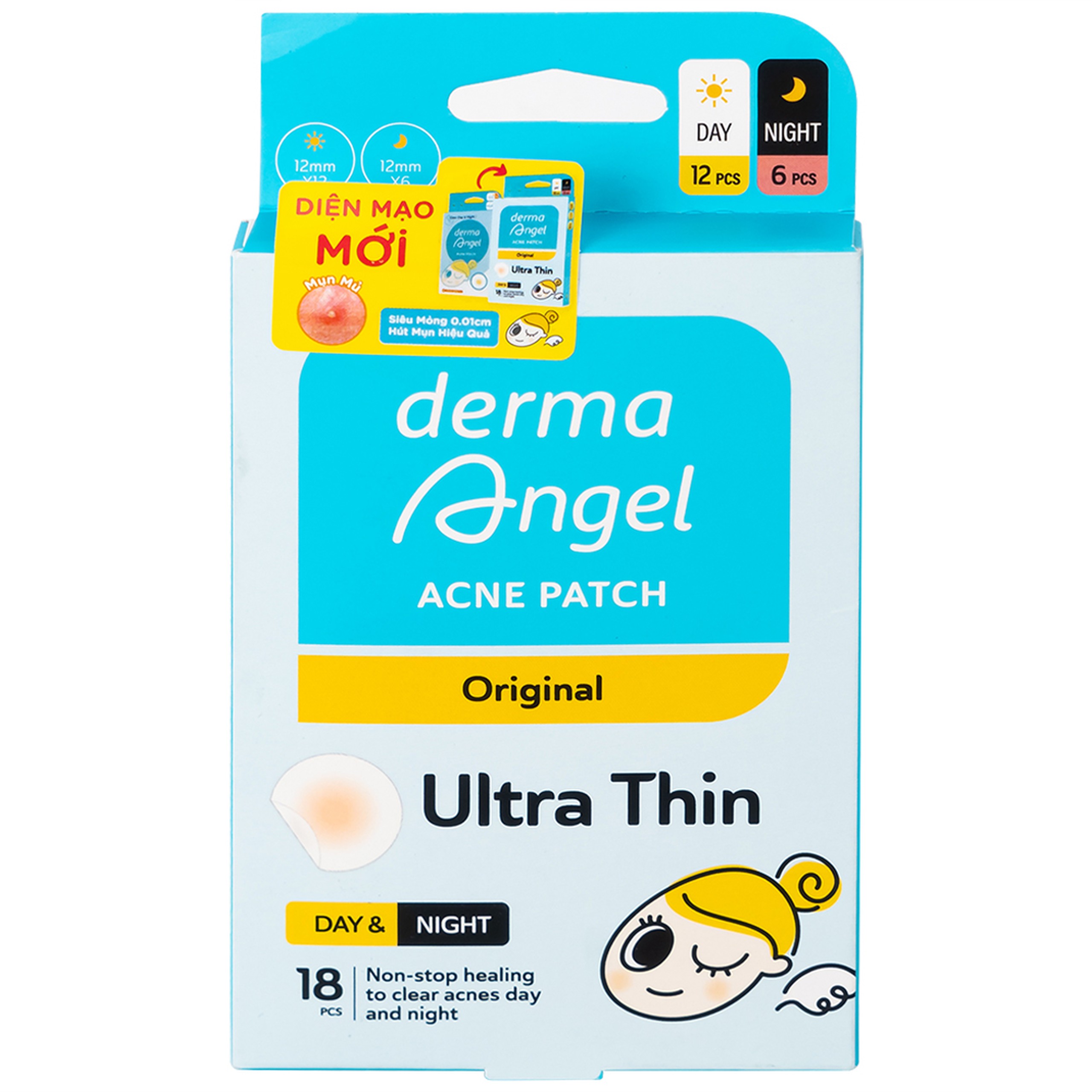 Miếng dán mụn ban ngày và đêm Derma Angel (12Đ + 6N miếng) hút mụn, làm lành vết thương sau mụn 