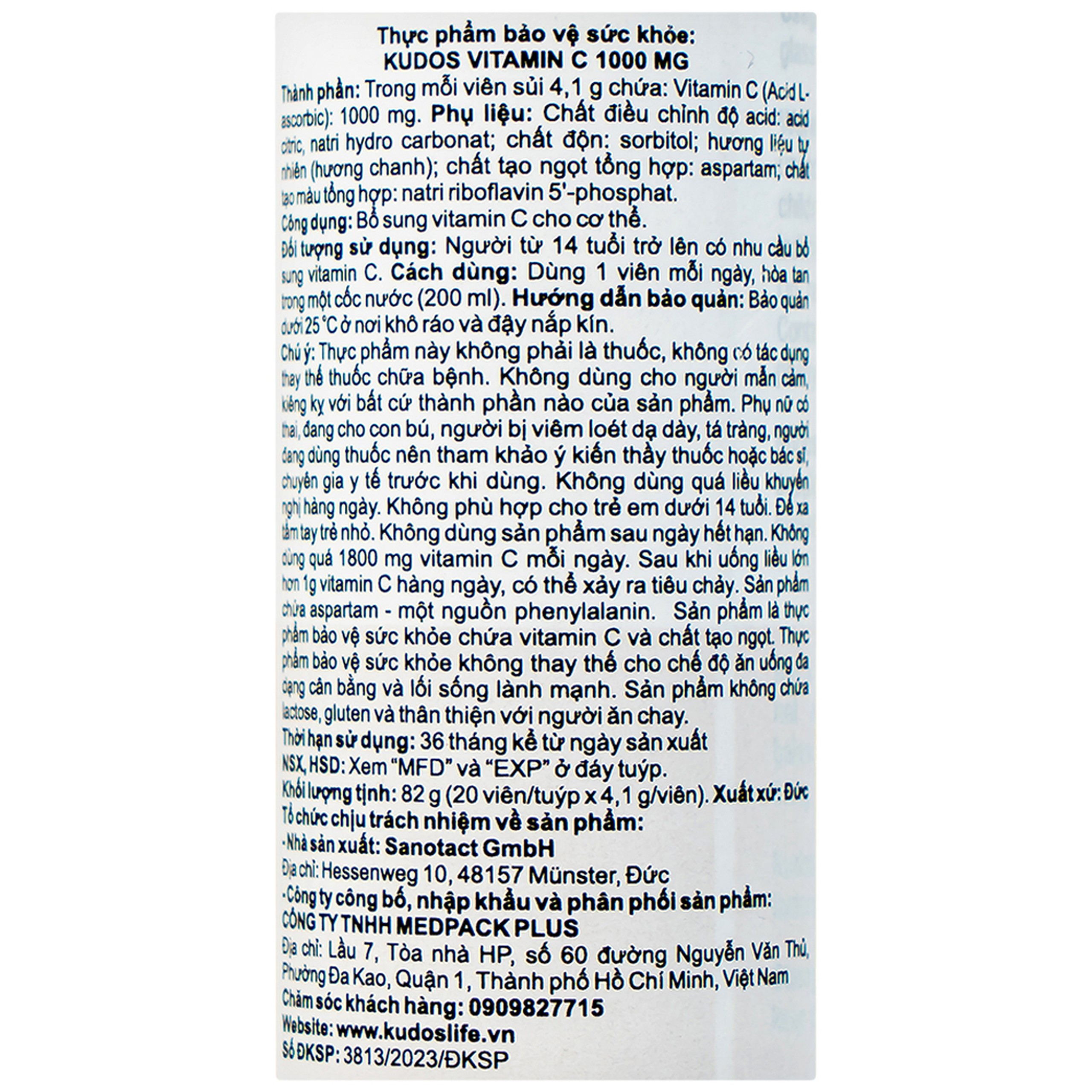 Viên sủi giúp bổ sung vitamin C cho cơ thể Kudos Vitamin C 1000mg hương chanh (20 viên)