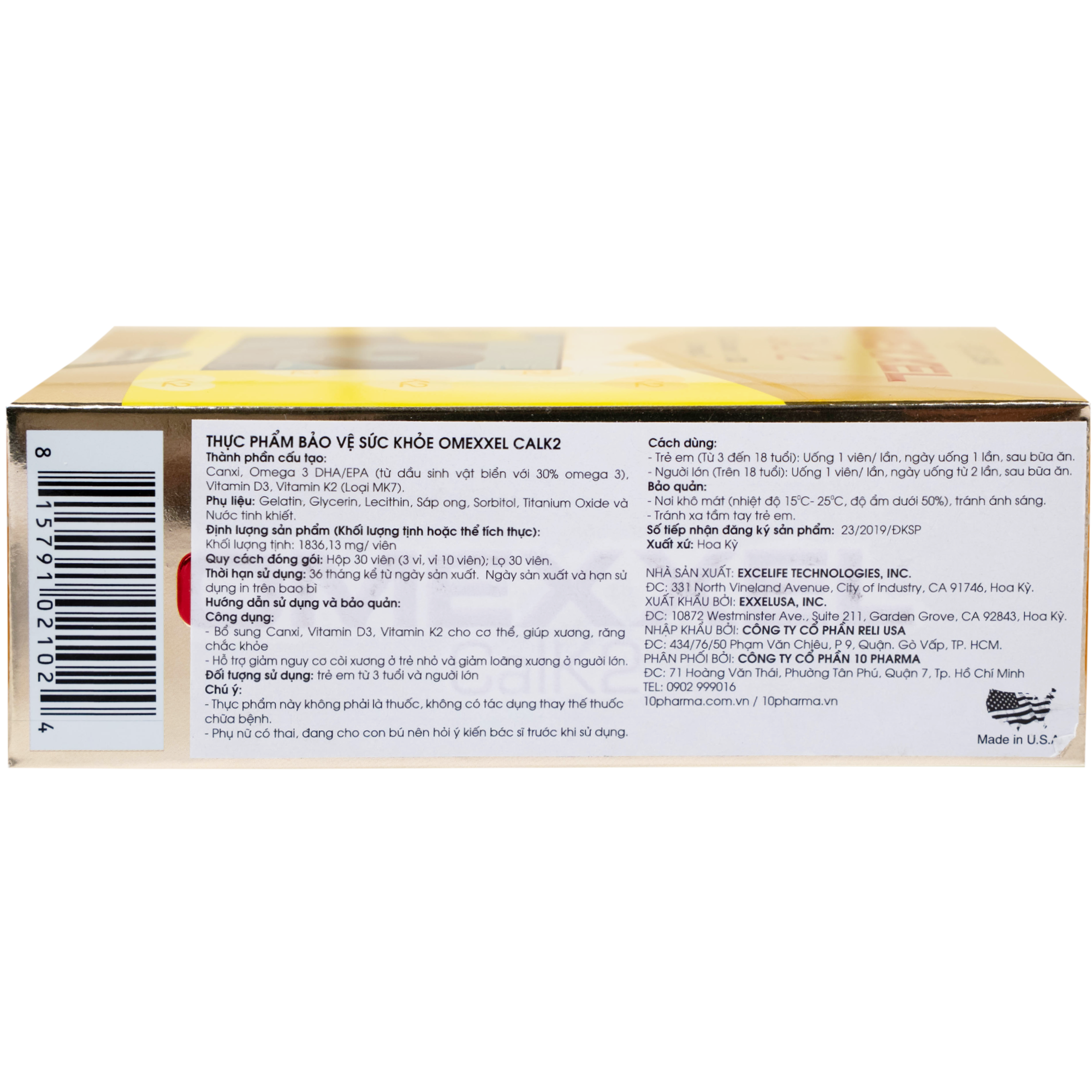 Viên uống Omexxel Calk2 bổ sung Canxi, Vitamin D3 (3 vỉ x 10 viên)