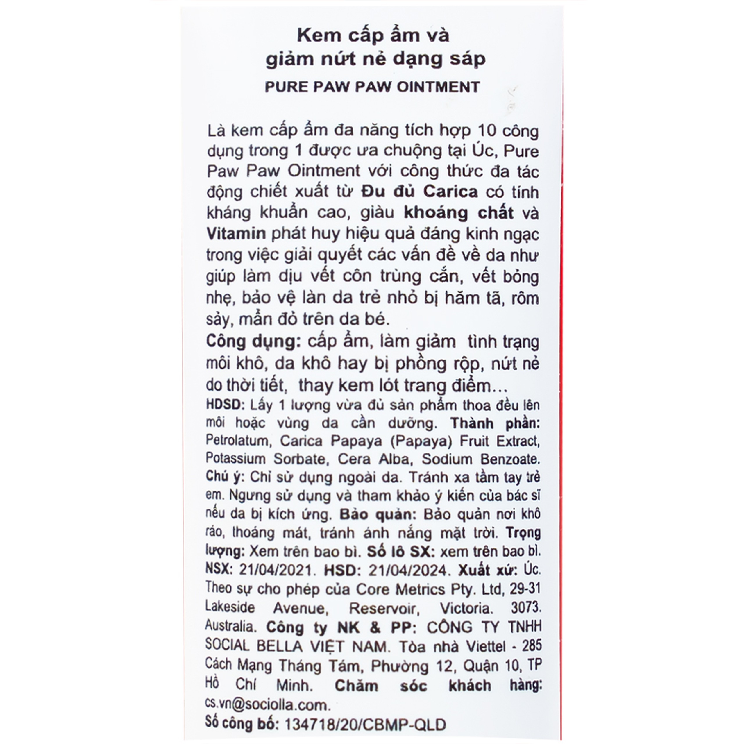 Kem bôi làm dịu da, vết cắn côn trùng Pure Paw Paw Ointment chiết xuất đu đủ 25g