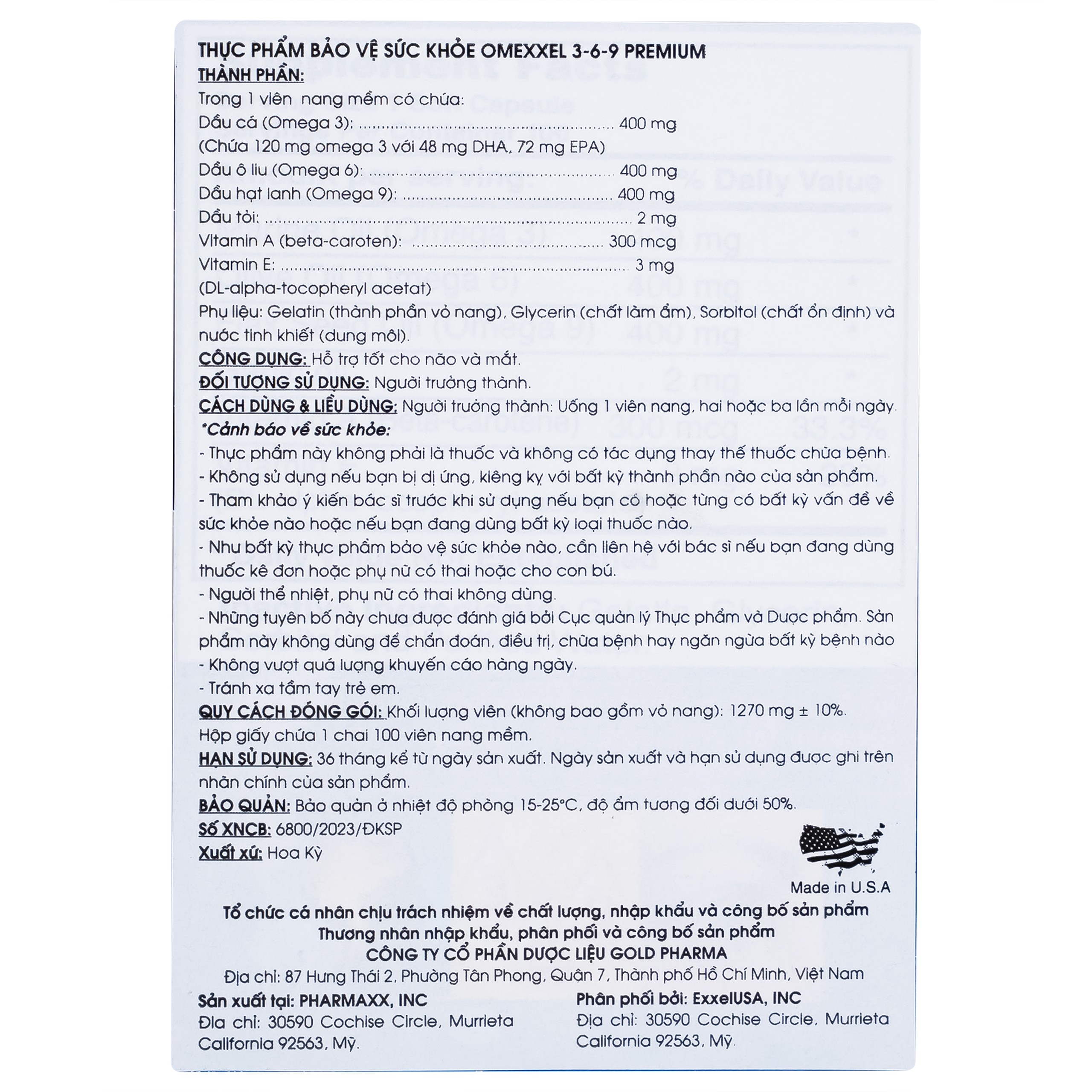 Viên uống Omexxel 3-6-9 Premium hỗ trợ tốt cho não và mắt (100 viên)