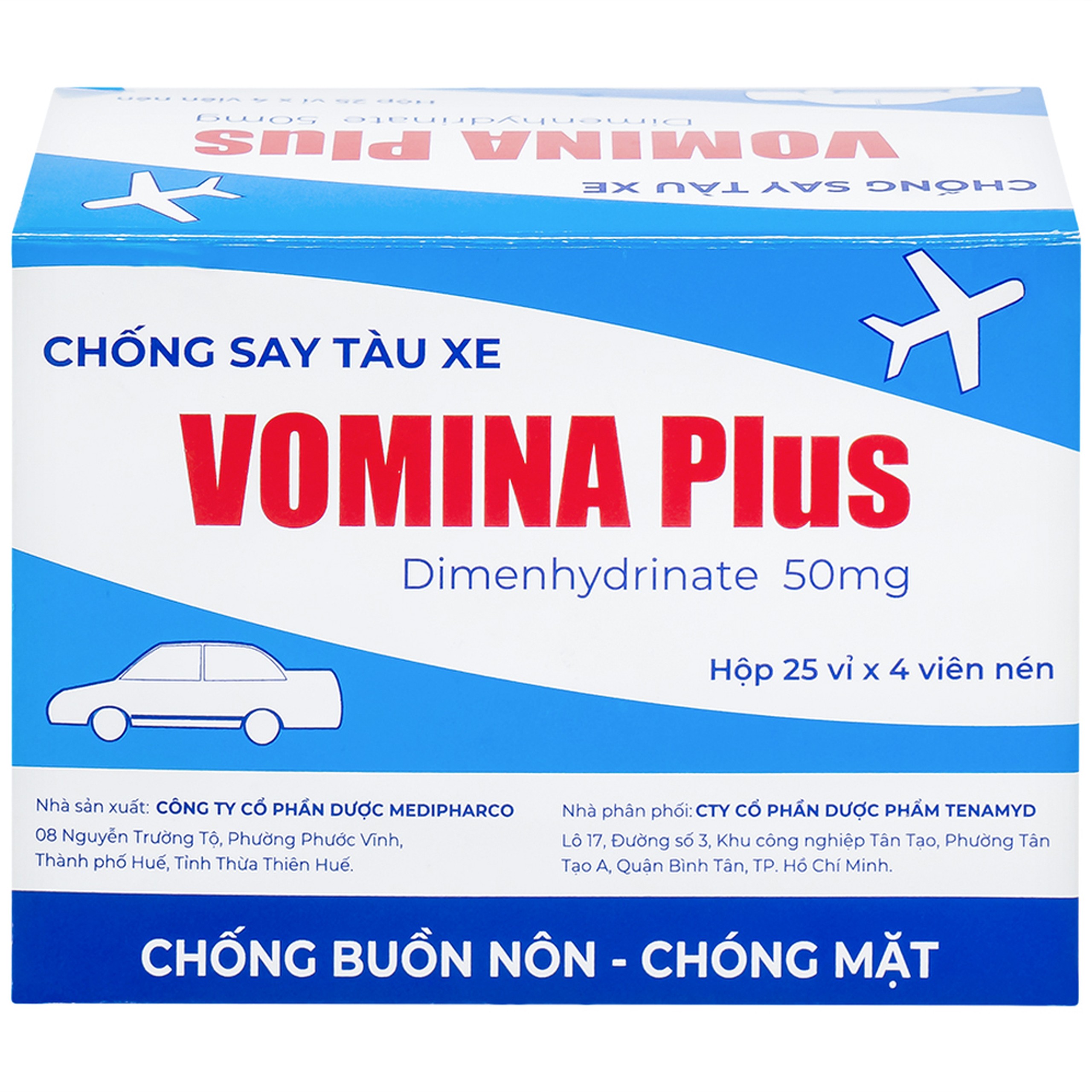 Thuốc Vomina Plus 50mg Medipharco phòng và điều trị triệu chứng buồn nôn, chóng mặt khi say tàu xe (25 vỉ x 4 viên)