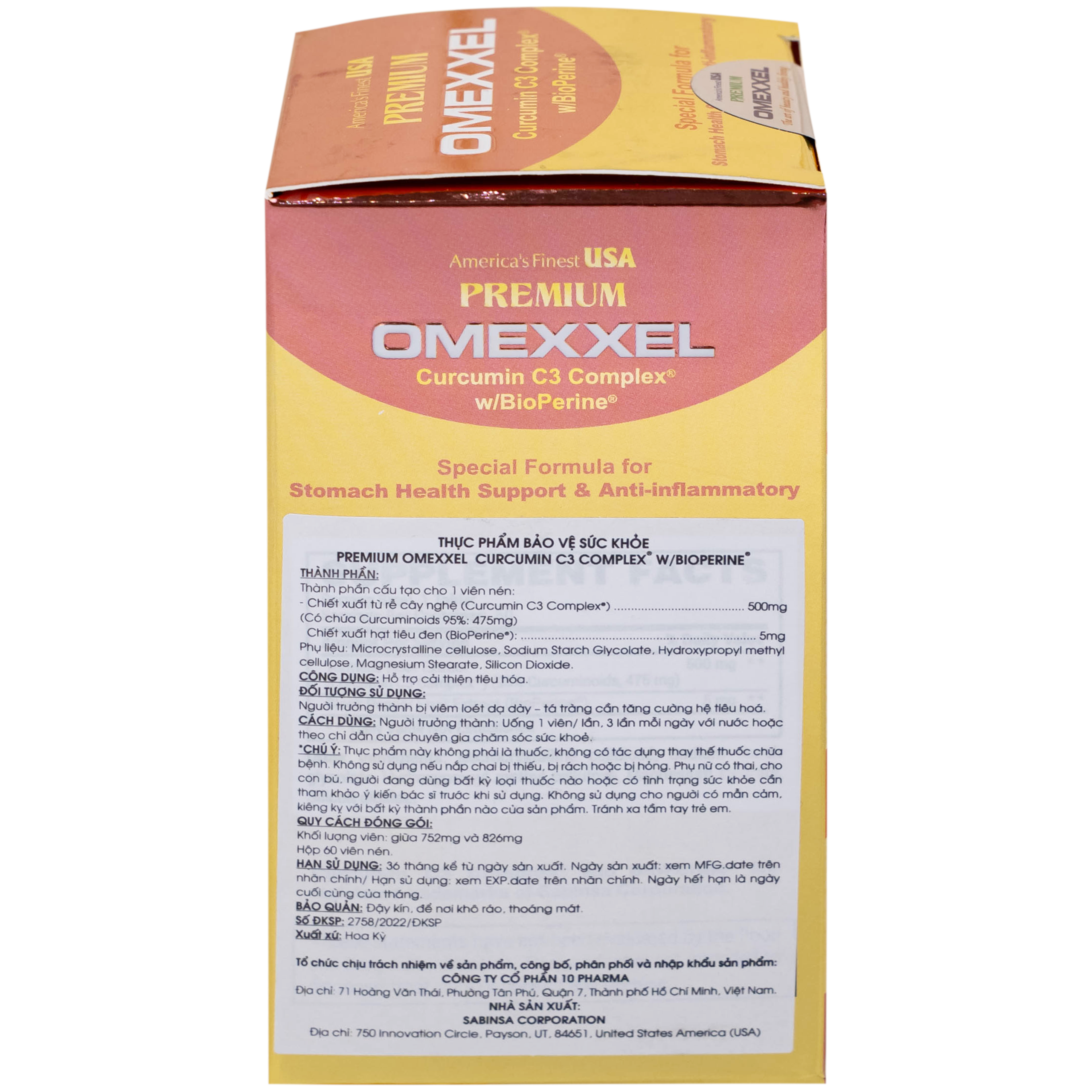 Viên uống Premium Omexxel Curcumin C3 Complex W/Bioperine hỗ trợ cải thiện tiêu hóa (60 viên)