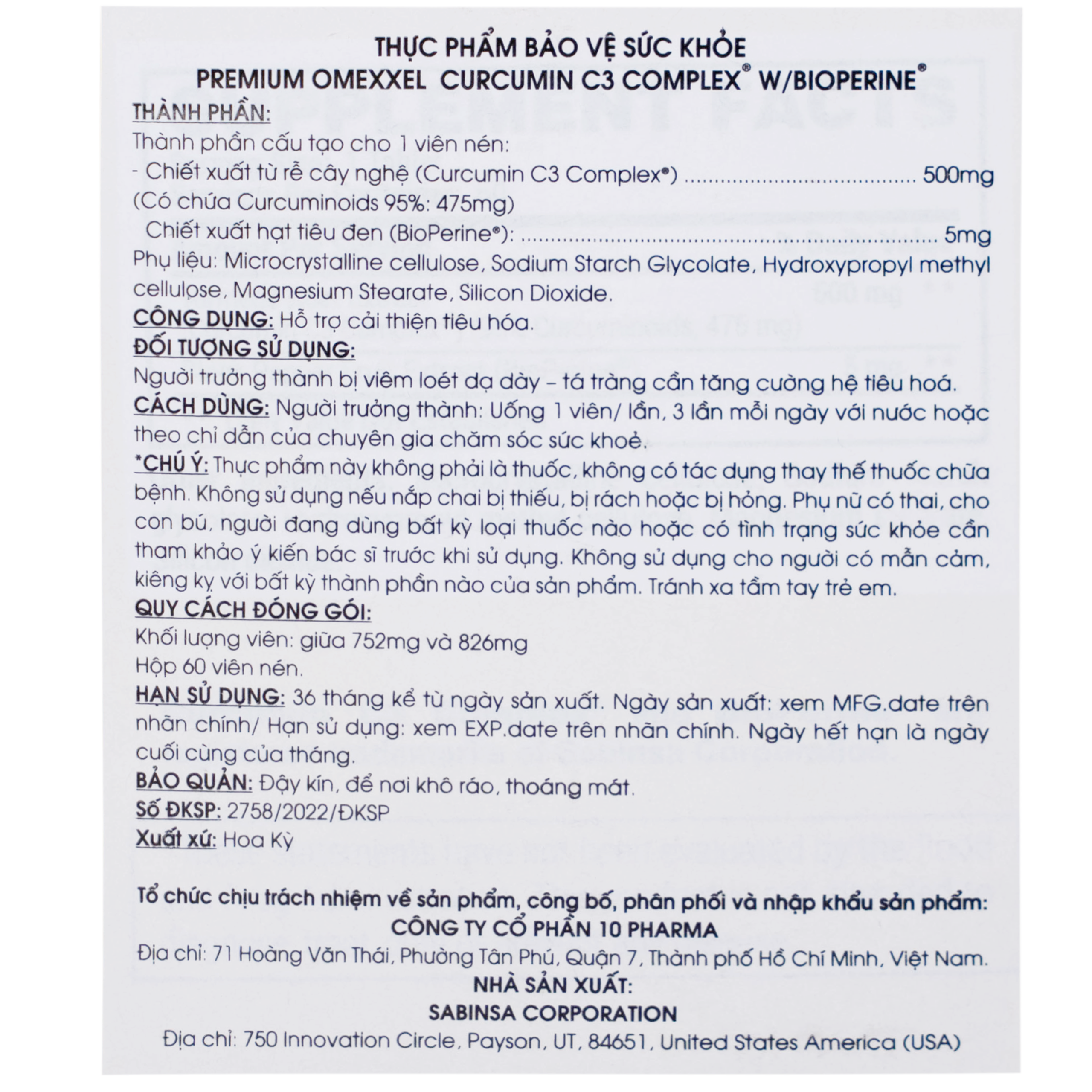 Viên uống Premium Omexxel Curcumin C3 Complex W/Bioperine hỗ trợ cải thiện tiêu hóa (60 viên)