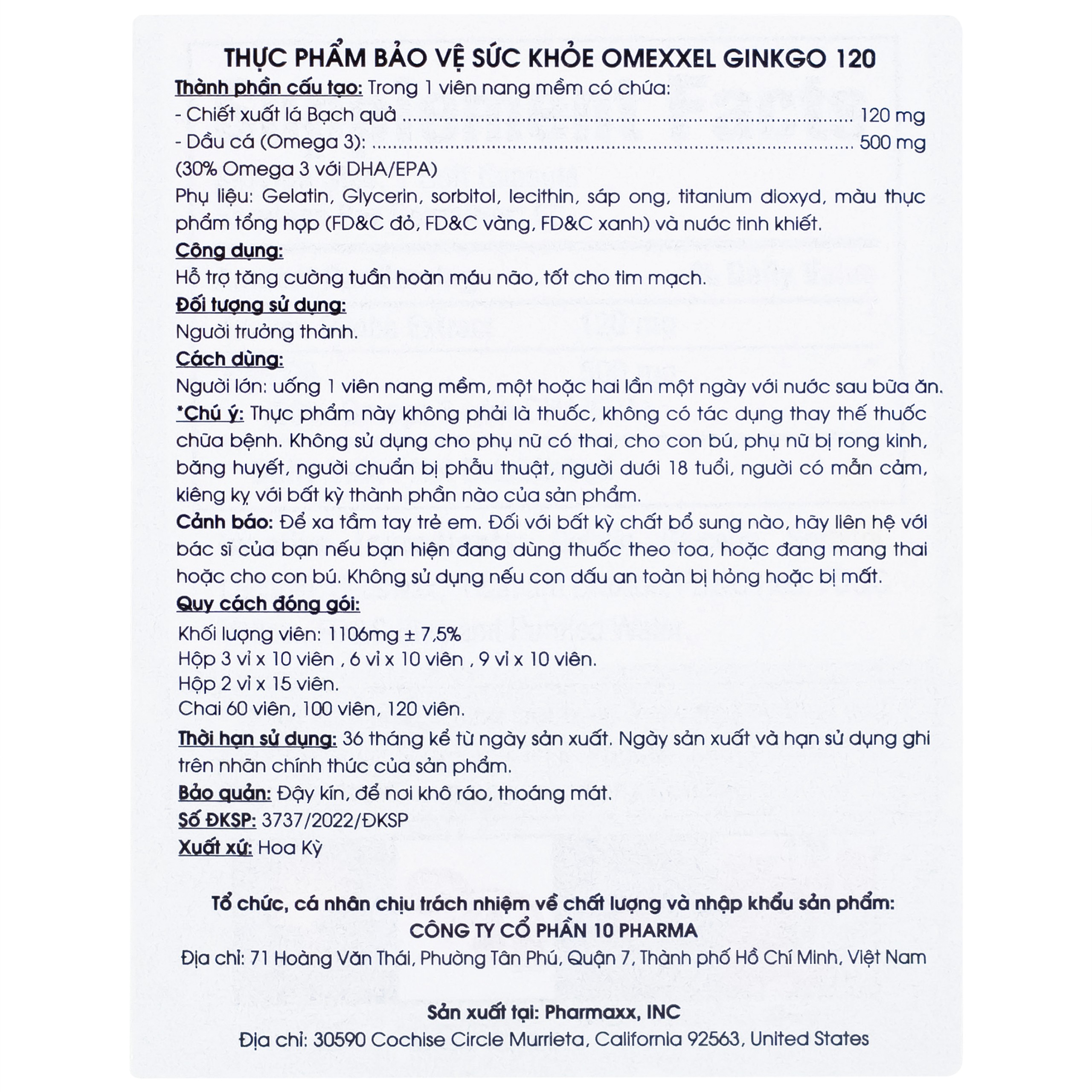 Viên uống hỗ trợ tăng tuần hoàn não, tốt cho tim mạch Omexxel Ginkgo 120 (60 viên)