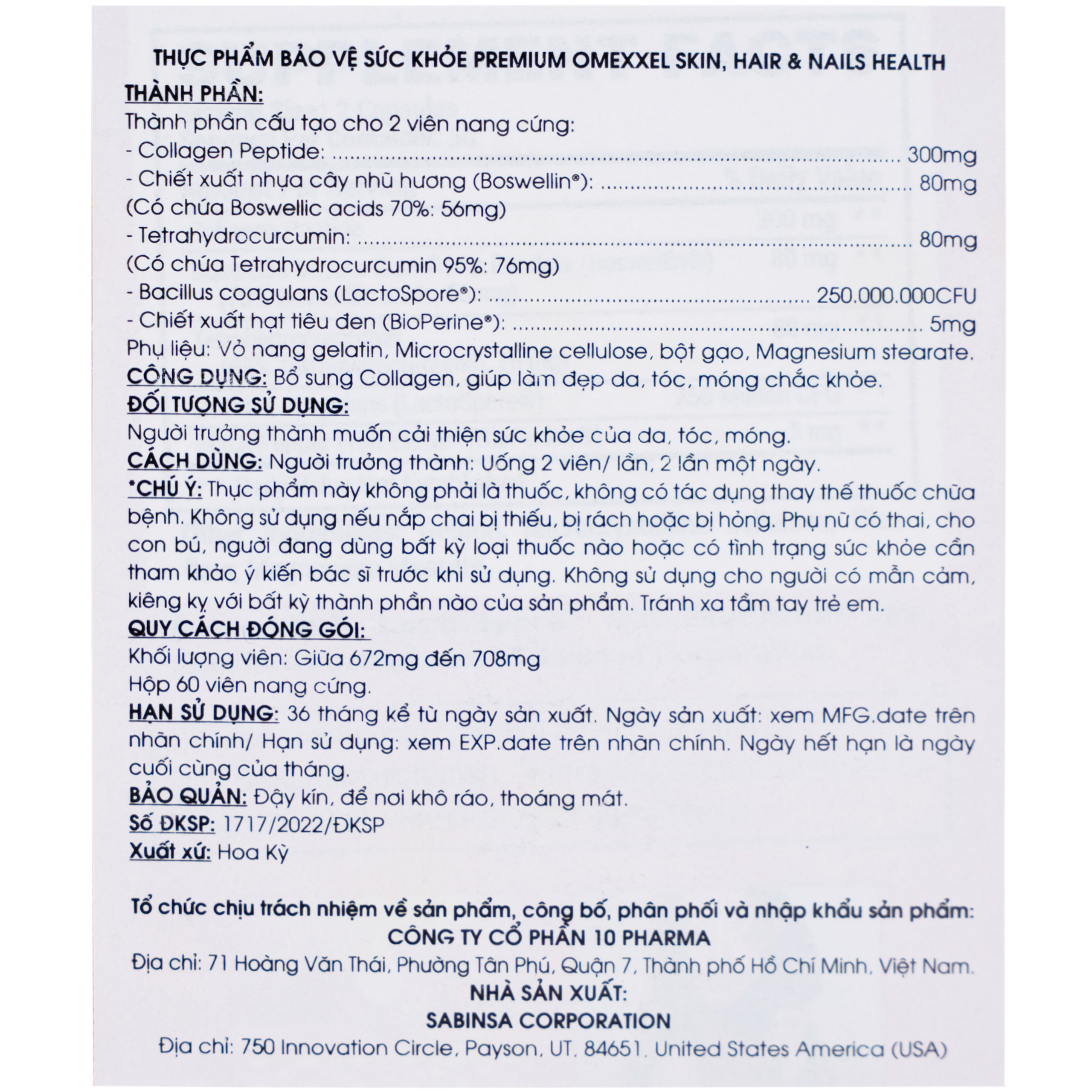 Viên uống bổ sung collagen, giúp làm đẹp da, tóc, móng chắc khỏe Premium Omexxel Skin Hair & Nails Health (60 viên)