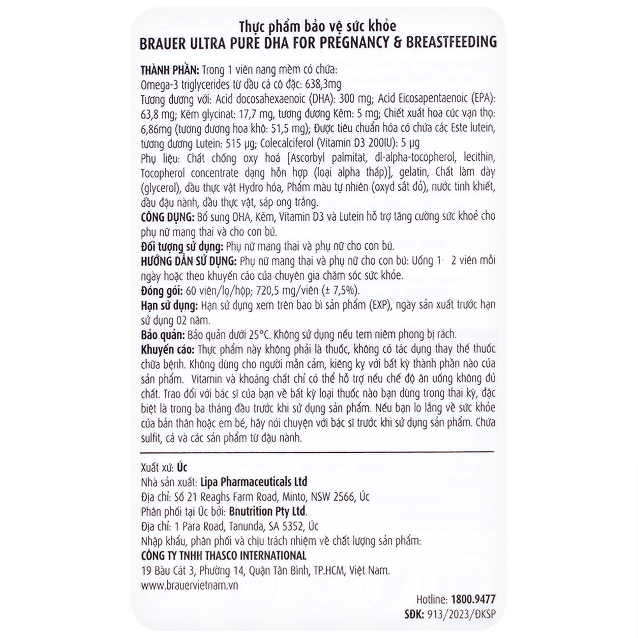 Viên uống hỗ trợ tăng cường sức khoẻ phụ nữ mang thai và cho con bú Brauer Ultra Pure DHA For Pregnancy & Breastfeeding (60 viên)
