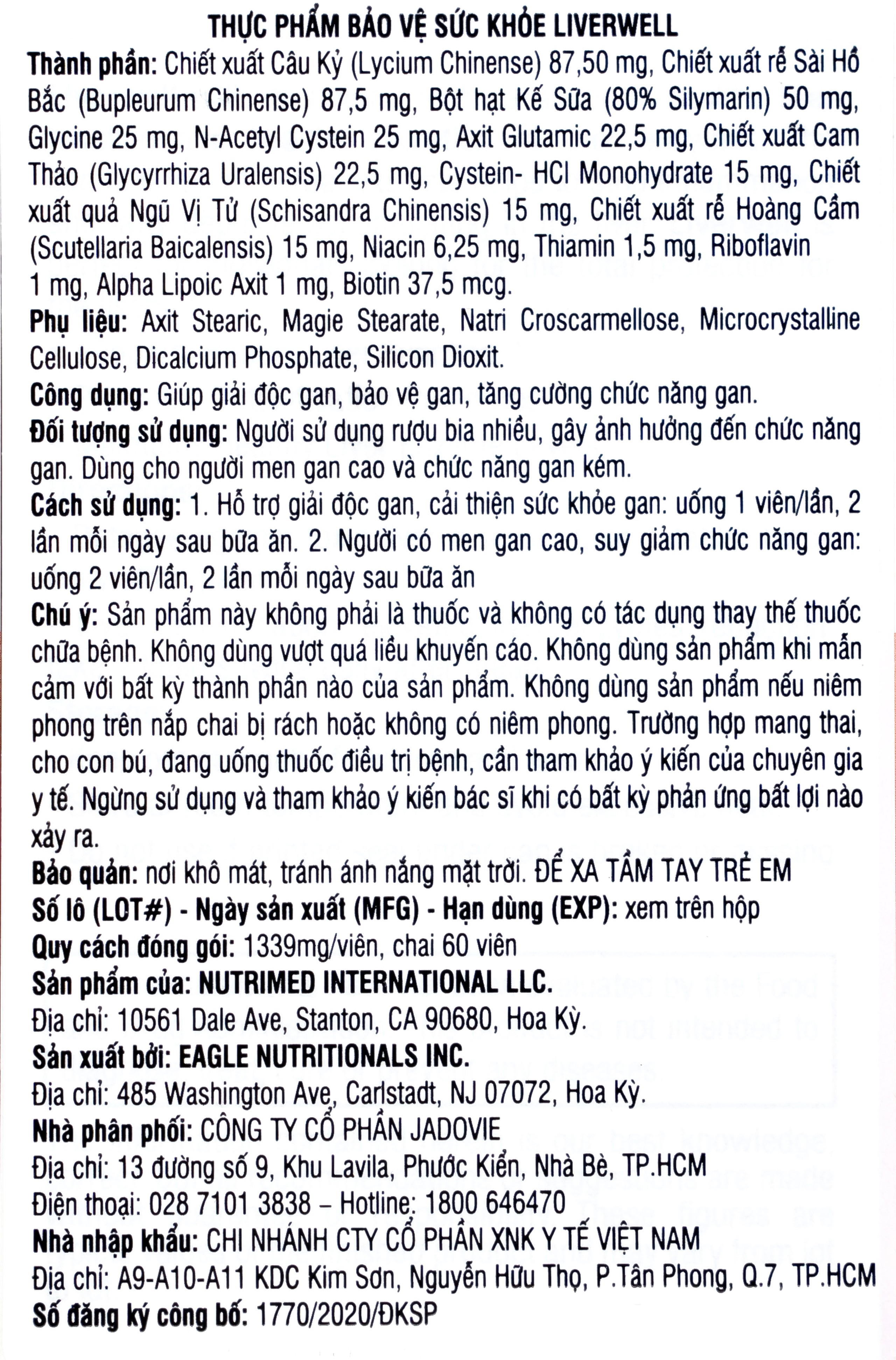 Viên uống giúp giải độc gan, tăng cường chức năng gan, bảo vệ gan Liverwell Nutrimed (60 viên)