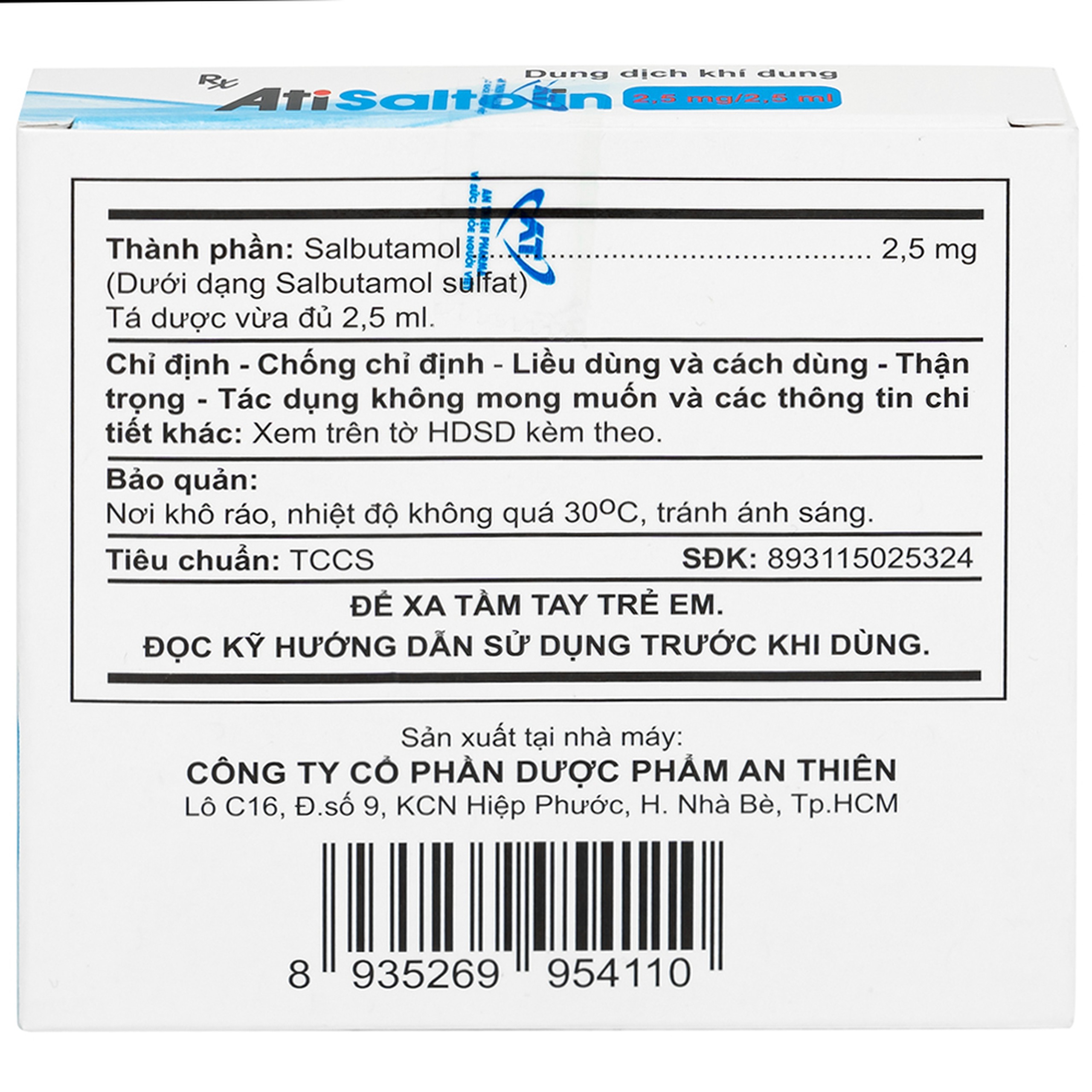 Dung dịch khí dung AtiSaltolin 2,5mg/2,5ml An Thiên điều trị chứng co thắt phế quản (5 ống)