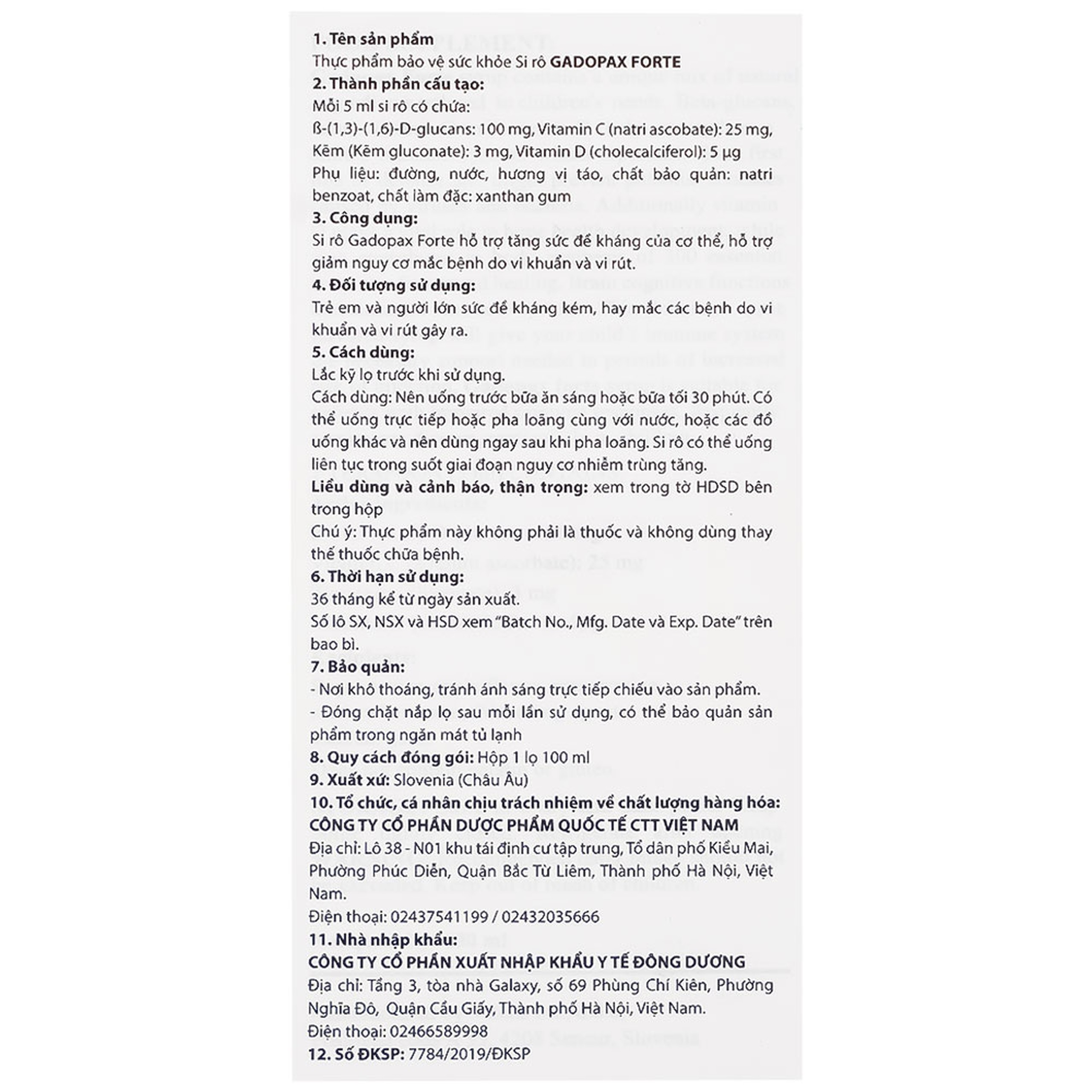 Siro Gadopax Forte hỗ trợ tăng sức đề kháng của cơ thể (100ml)