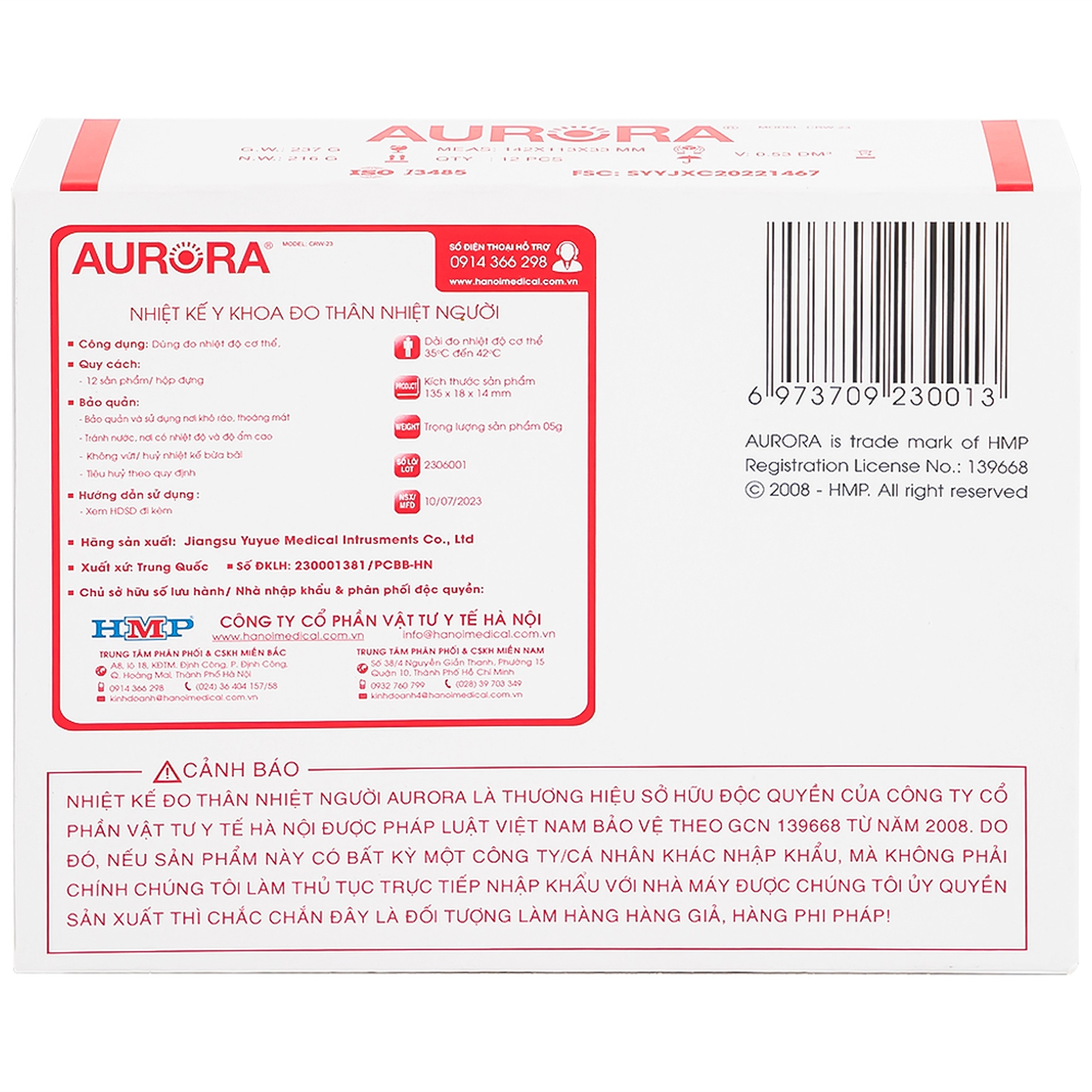 Nhiệt kế thuỷ ngân đo thân nhiệt cơ thể Aurora CRW-23