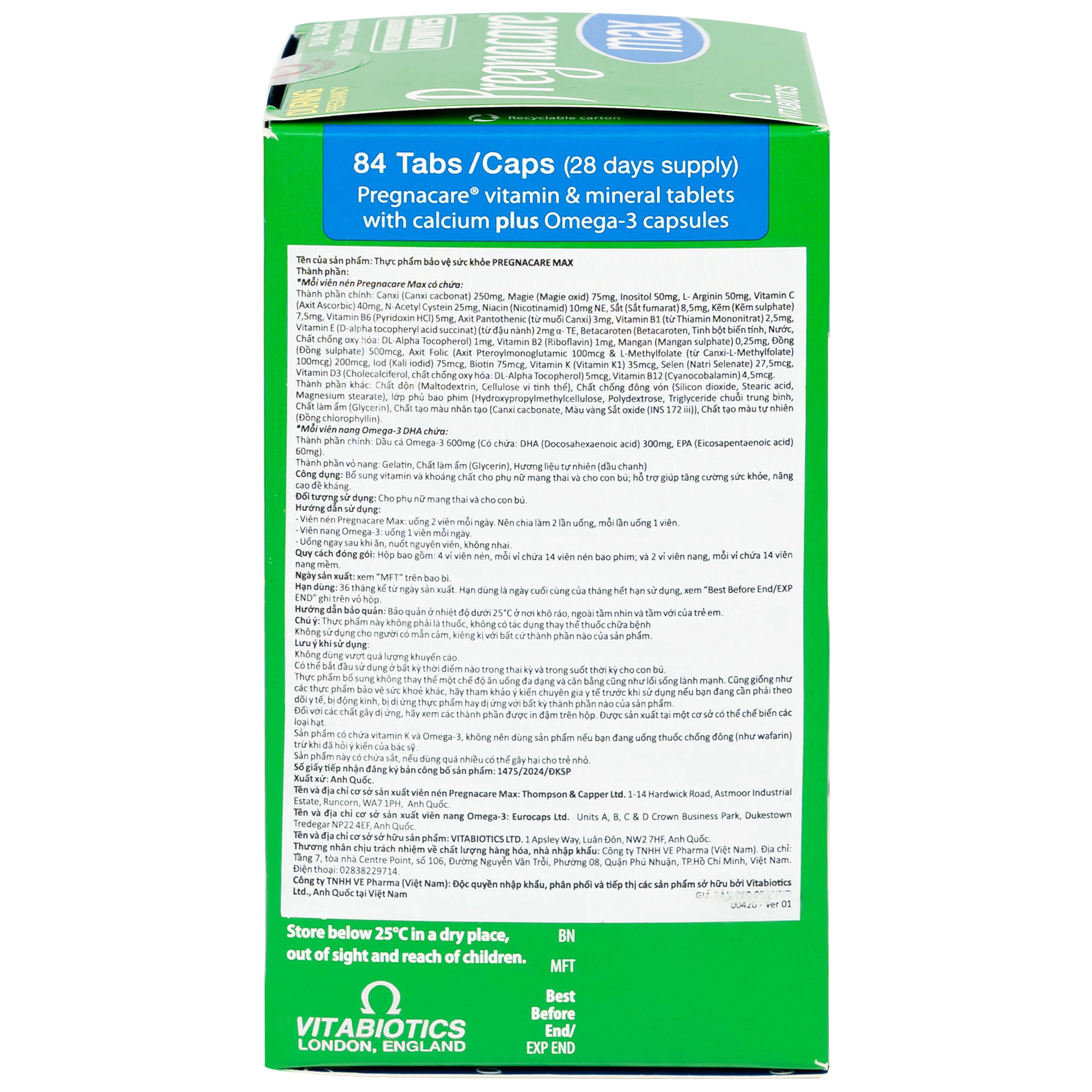 Viên bổ sung vitamin và khoáng chất cho phụ nữ mang thai Pregnacare Max Omega 3 DHA (84 viên)