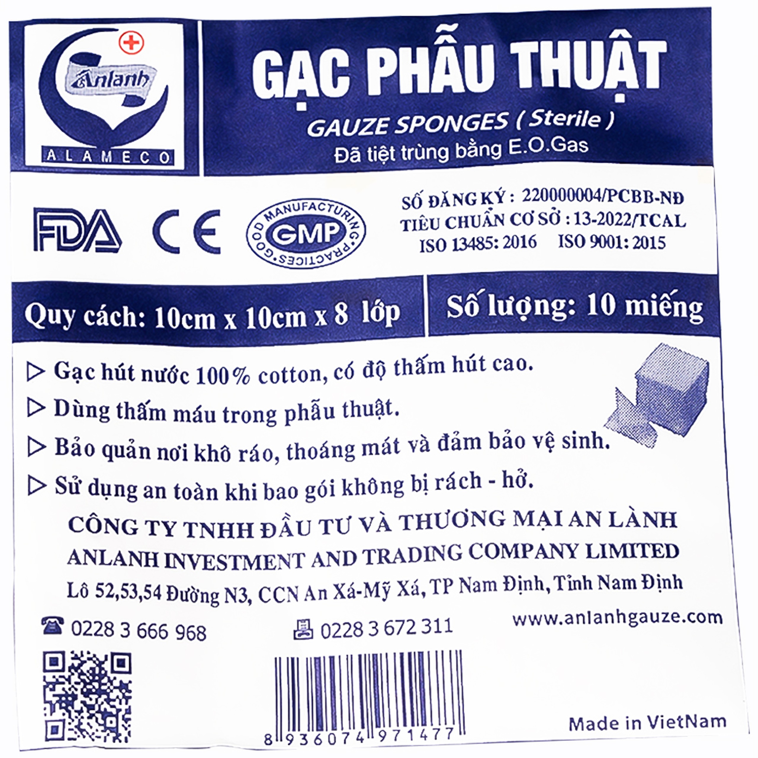 Gạc phẫu thuật An Lành 10x10cm x 8 lớp (10 miếng) dùng thấm máu trong phẫu thuật