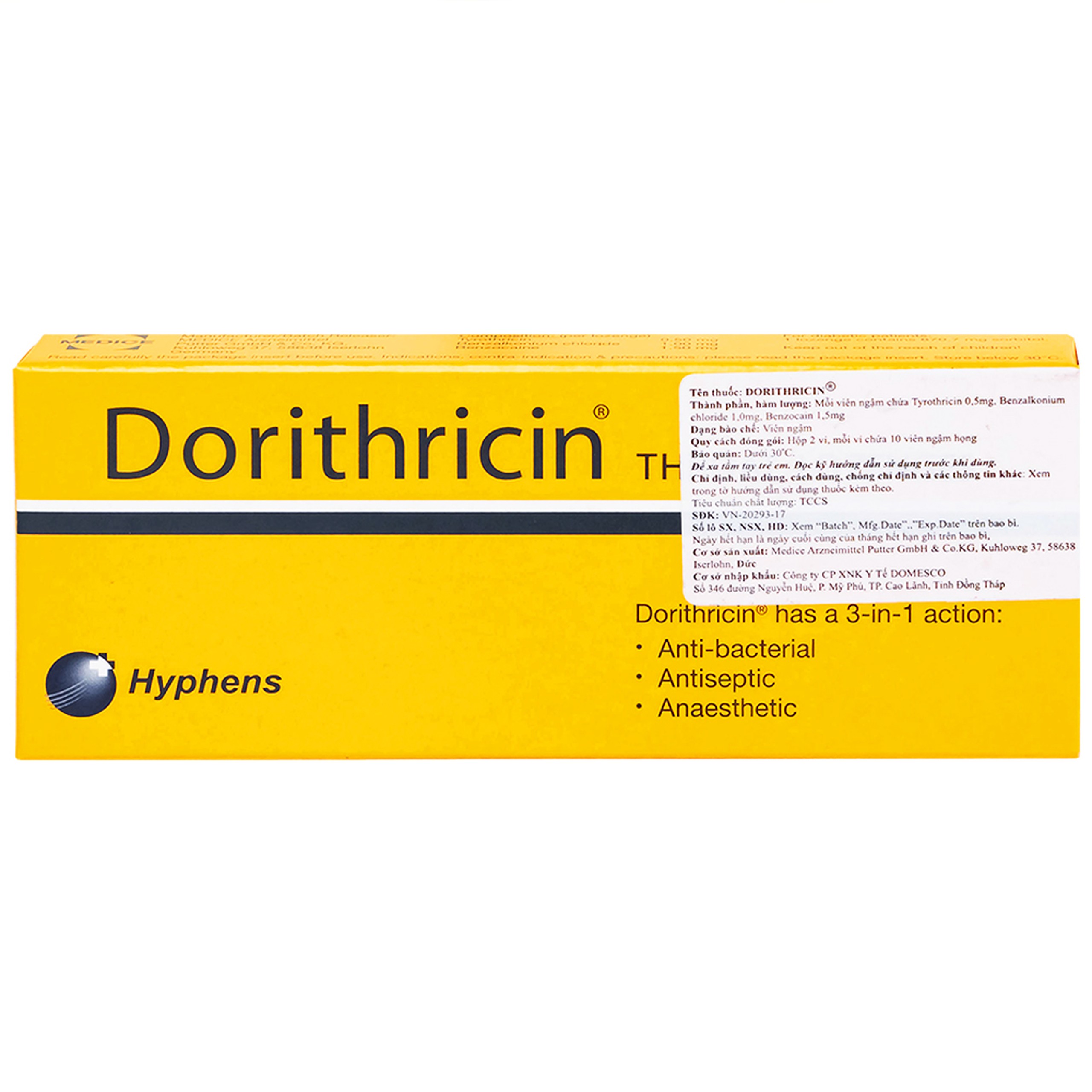 Viên ngậm Dorithricin Hyphens (20 viên) hỗ trợ điều trị các triệu chứng nhiễm khuẩn miệng, họng 