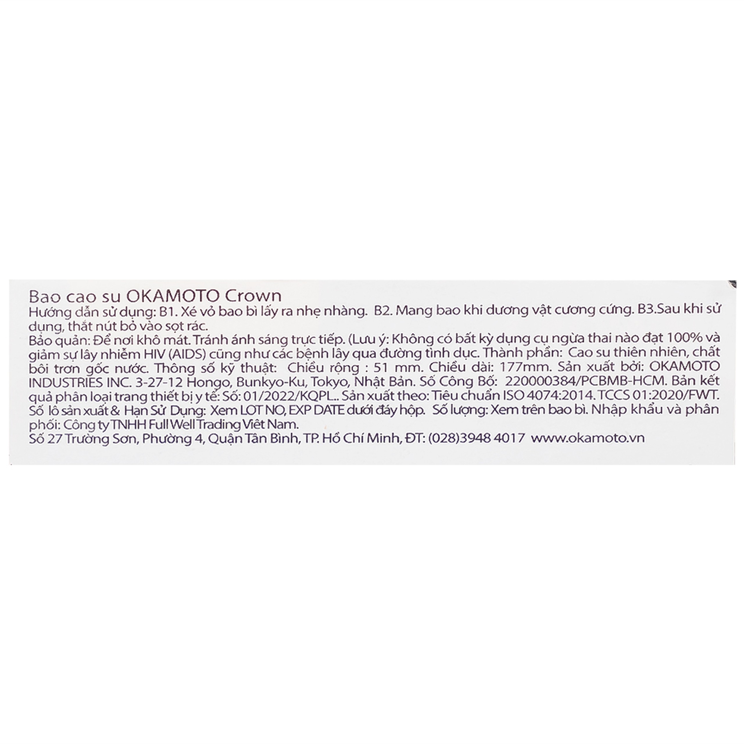 Bao cao su Okamoto Crown kích cỡ nhỏ, siêu mỏng, mềm mại dùng để phòng tránh thai và ngăn ngừa HIV (3 cái)