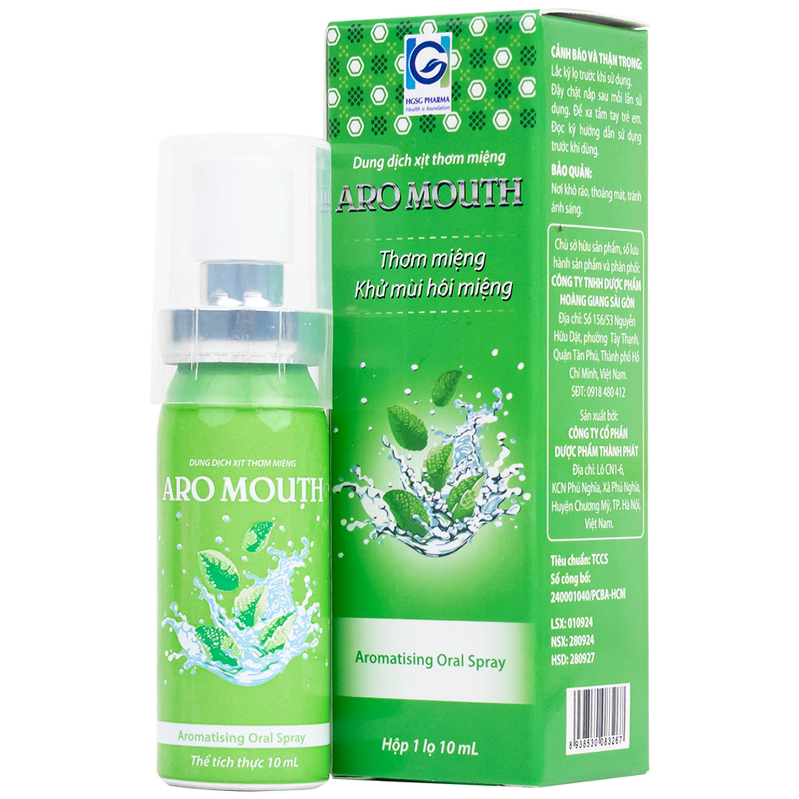 Xịt thơm miệng Aro Mouth 10ml Hgsg Pharma làm thơm miệng tức thì khử mùi hôi miệng, mùi thức ăn, rượu bia