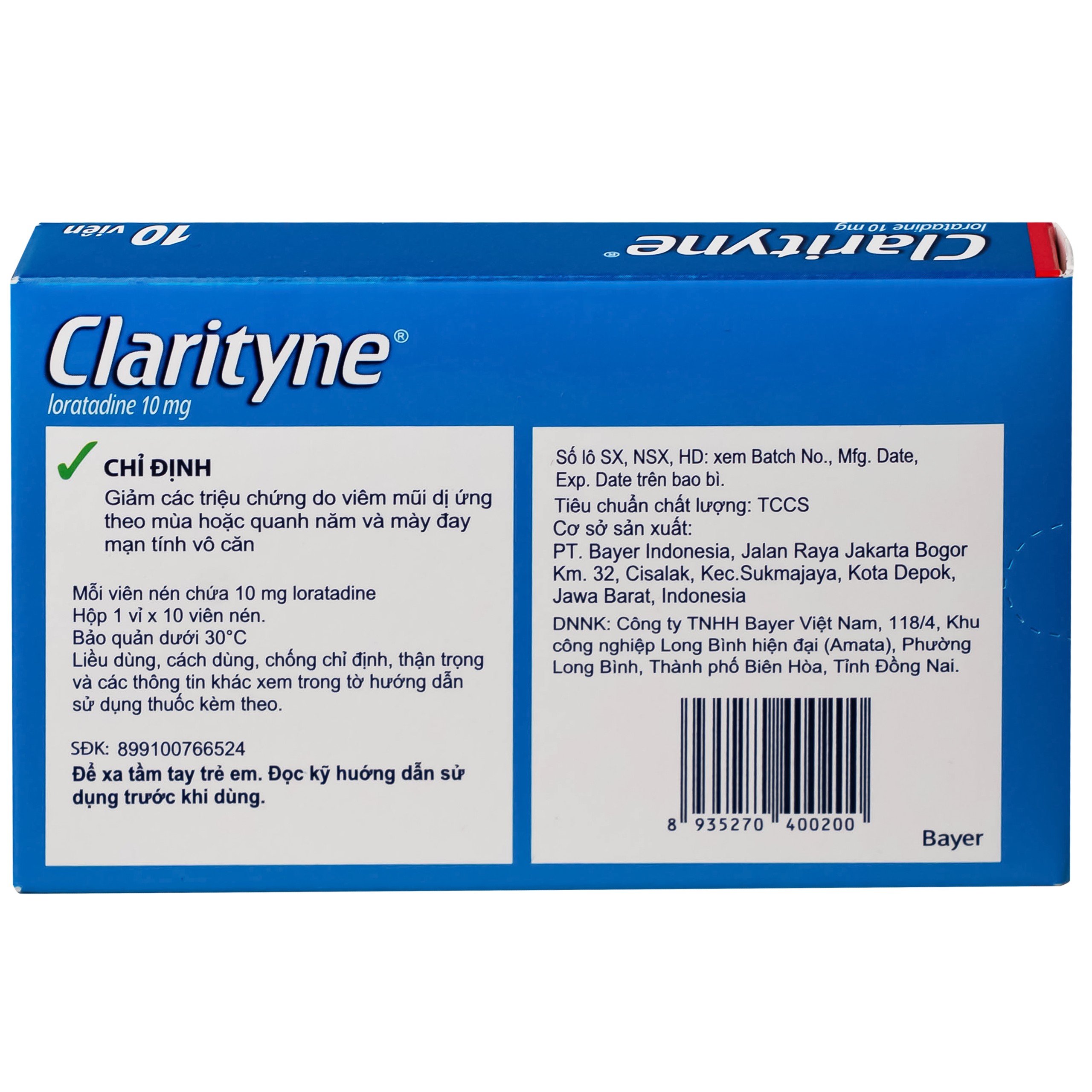 Thuốc Clarityne 10mg Bayer giảm các triệu chứng do viêm mũi dị ứng và mày đay mạn tính vô căn (1 vỉ x 10 viên)