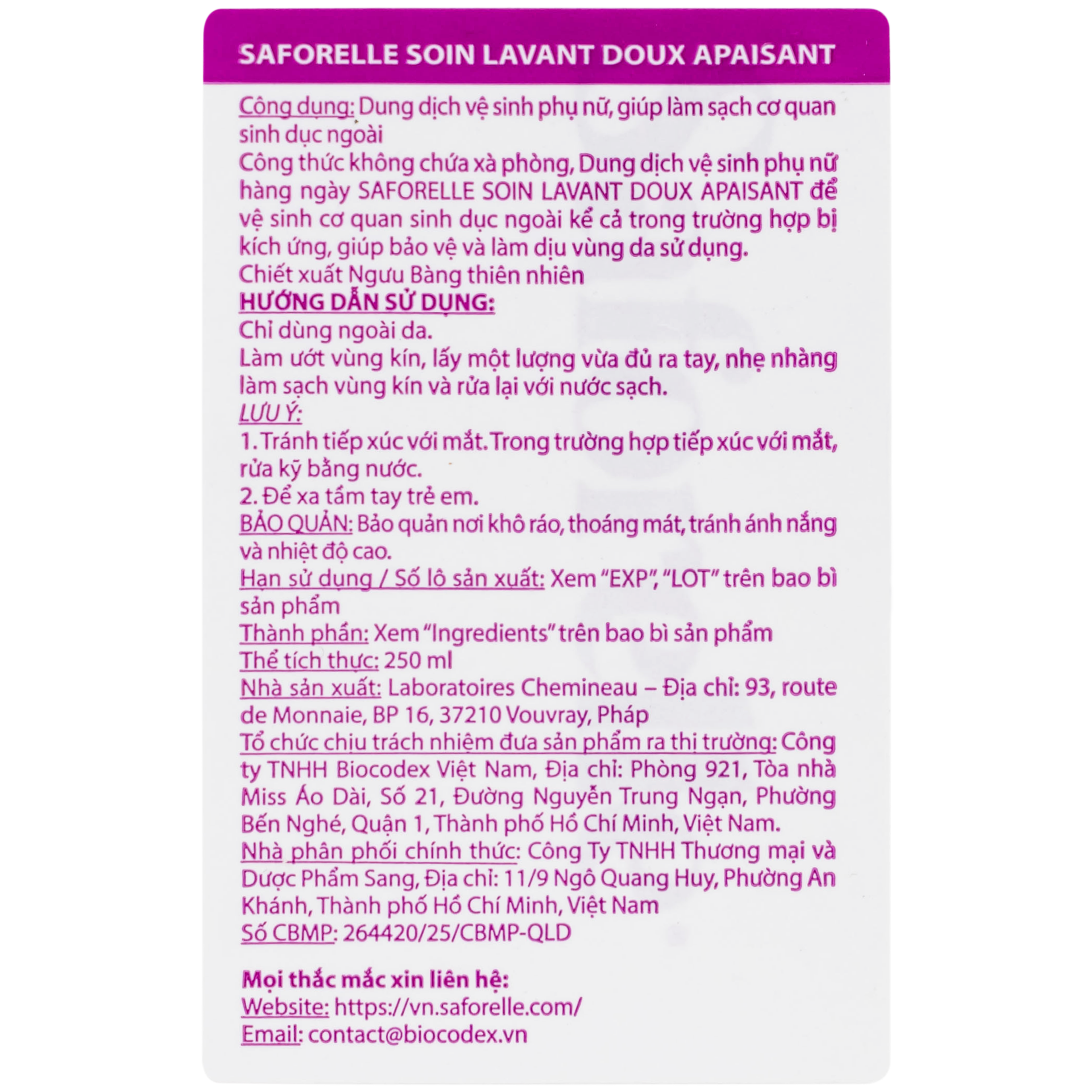 Dung dịch vệ sinh phụ nữ Saforelle Gentle Soothing Cleansing Care làm sạch dịu nhẹ, bảo vệ vùng kín (250ml)