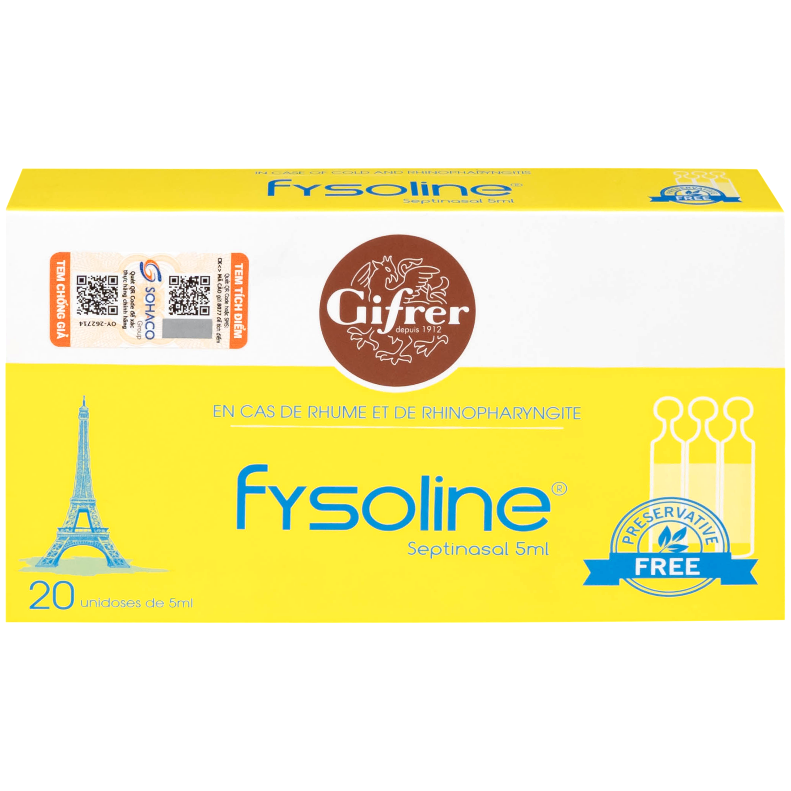 Nước muối sinh lý Fysoline Septinasal (20 ống x 5ml) giúp giảm sổ mũi, viêm mũi, nghẹt mũi, dùng được cho trẻ sơ sinh
