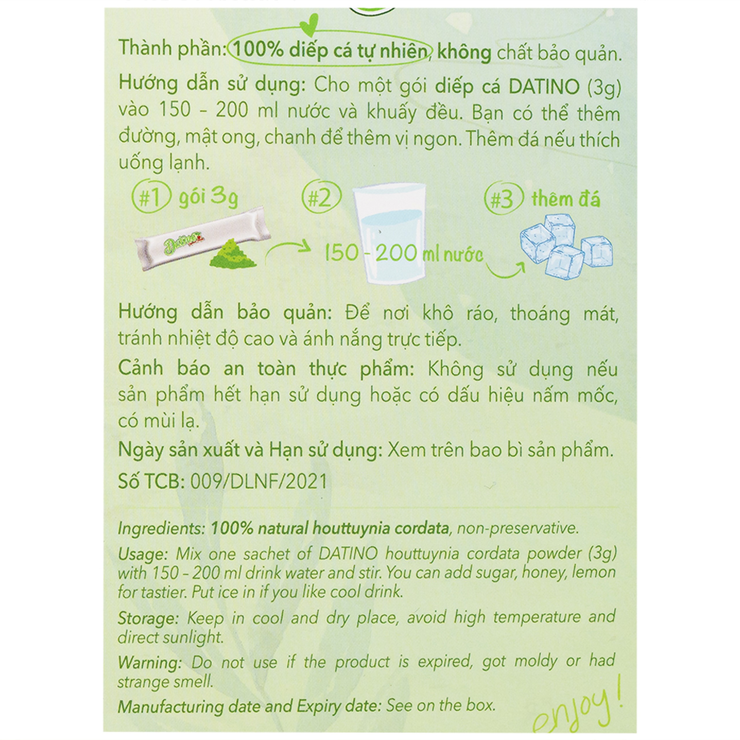 Bột Diếp Cá Nguyên Chất Datino (15 gói x 3g)