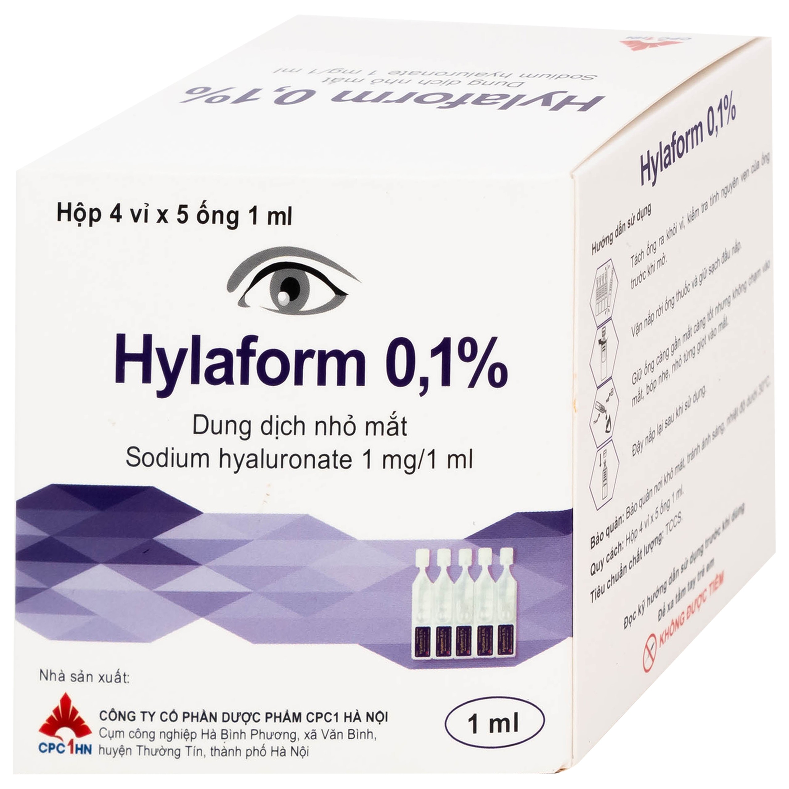 Thuốc nhỏ mắt Hylaform 0,1% CPC1HN điều trị triệu chứng khô mắt, rối loạn biểu mô giác mạc (4 vỉ x 5 ống)
