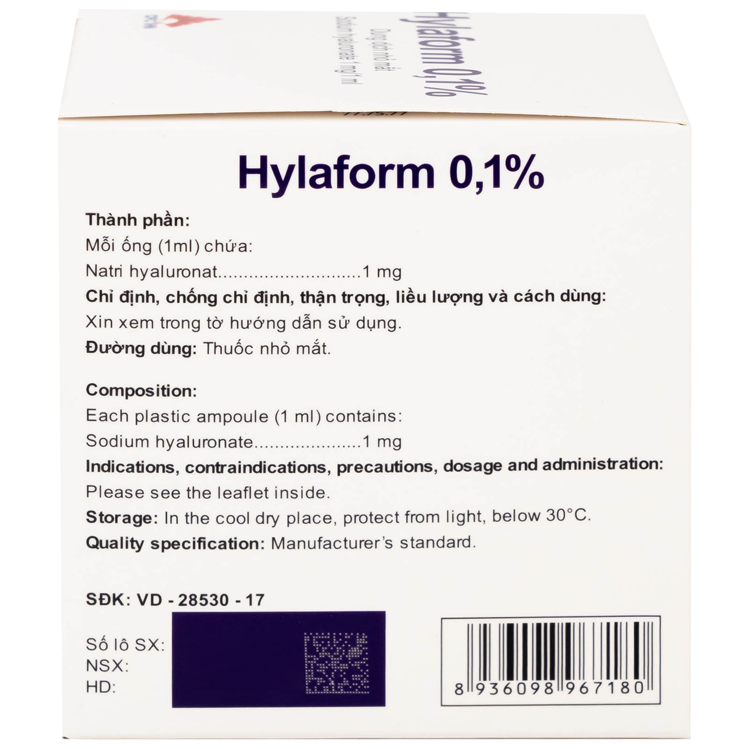 Thuốc nhỏ mắt Hylaform 0,1% CPC1HN điều trị triệu chứng khô mắt, rối loạn biểu mô giác mạc (4 vỉ x 5 ống)