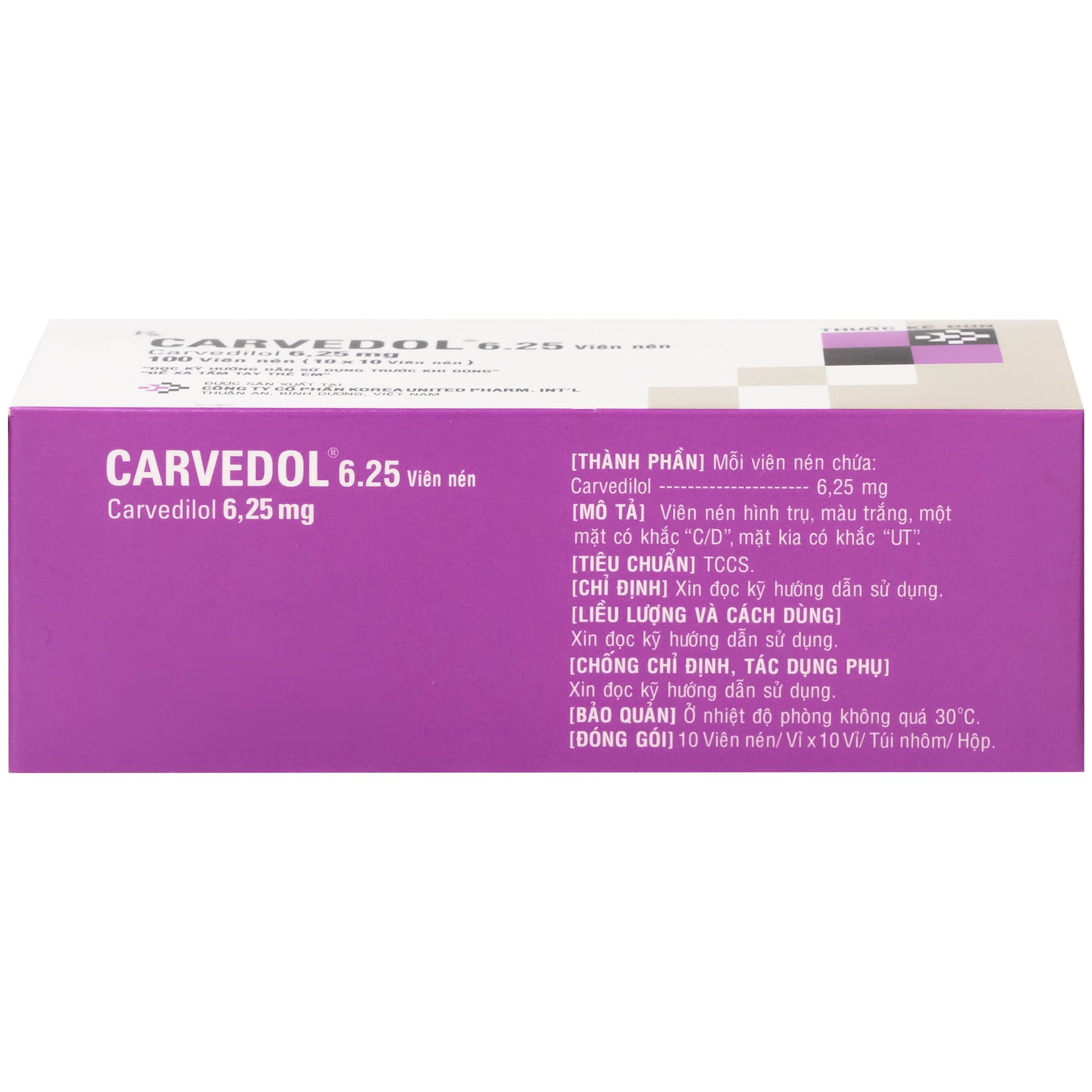 Thuốc Carvedol 6.25 United điều trị tăng huyết áp, bệnh mạch vành (10 vỉ x 10 viên)