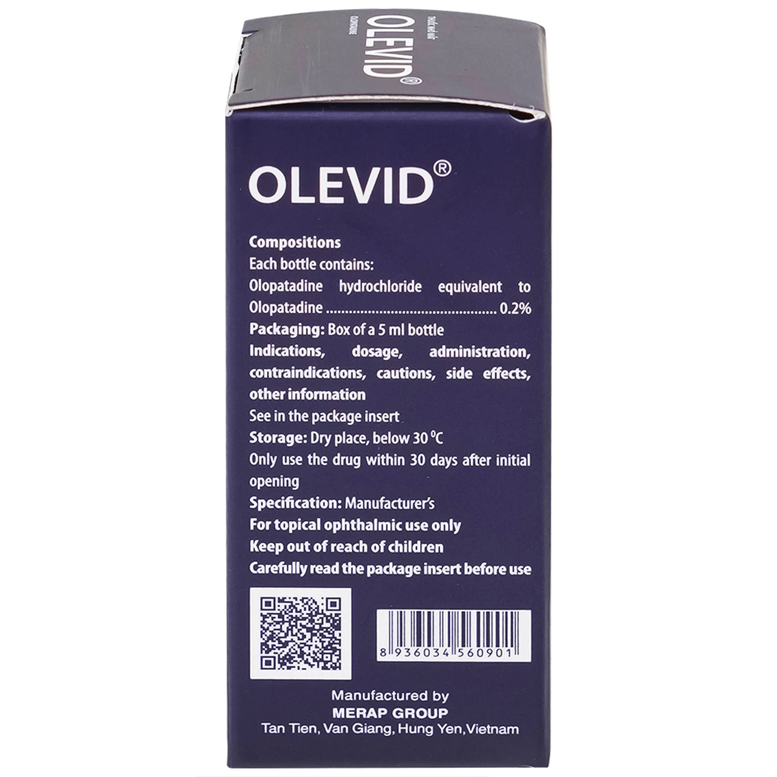 Thuốc nhỏ mắt Olevid Olopatadine 5ml Merap điều trị triệu chứng ngứa mắt của bệnh viêm kết mạc dị ứng