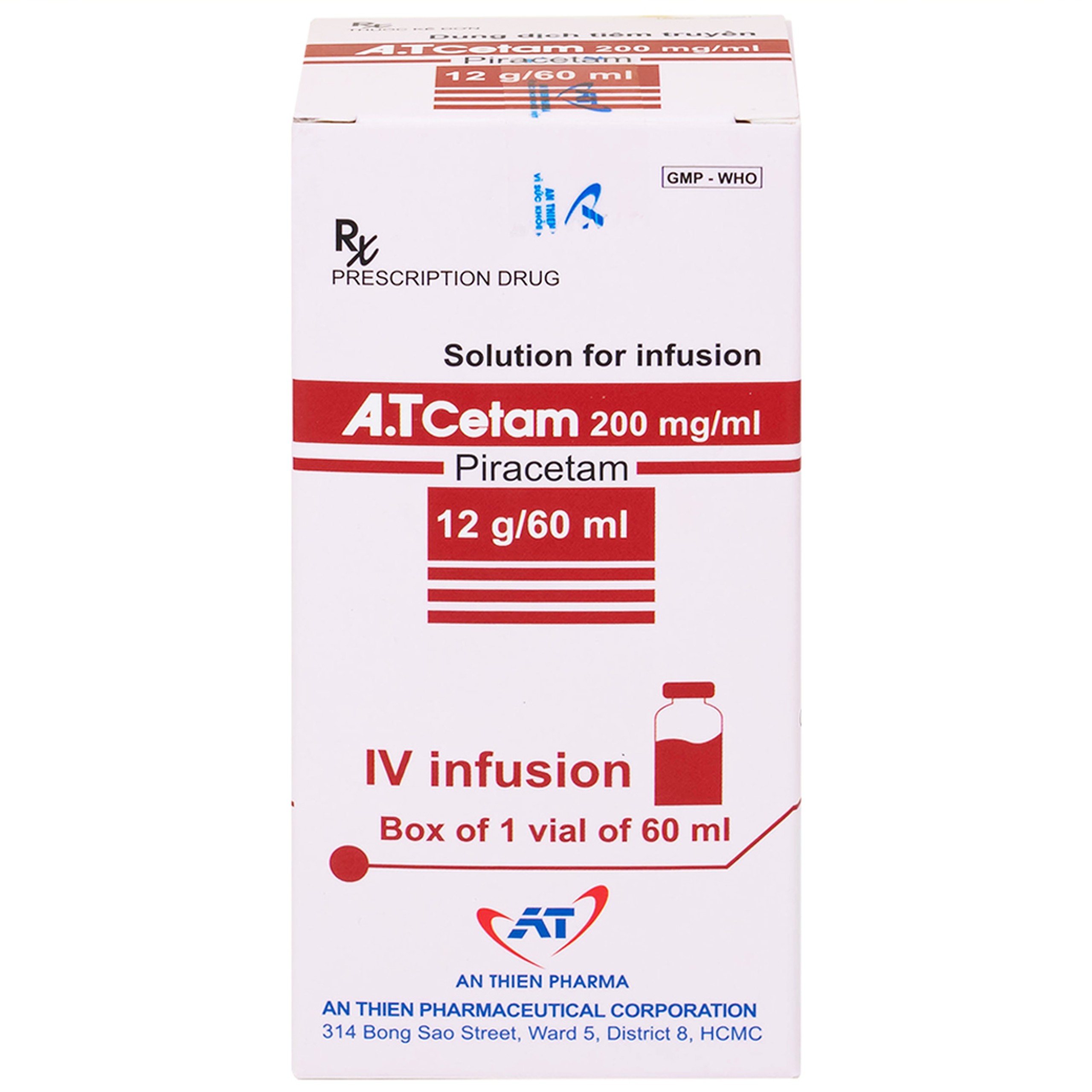 Dung dịch tiêm truyền A.T Cetam 200mg/ml An Thiên điều trị triệu chứng của hội chứng tâm thần (60ml)