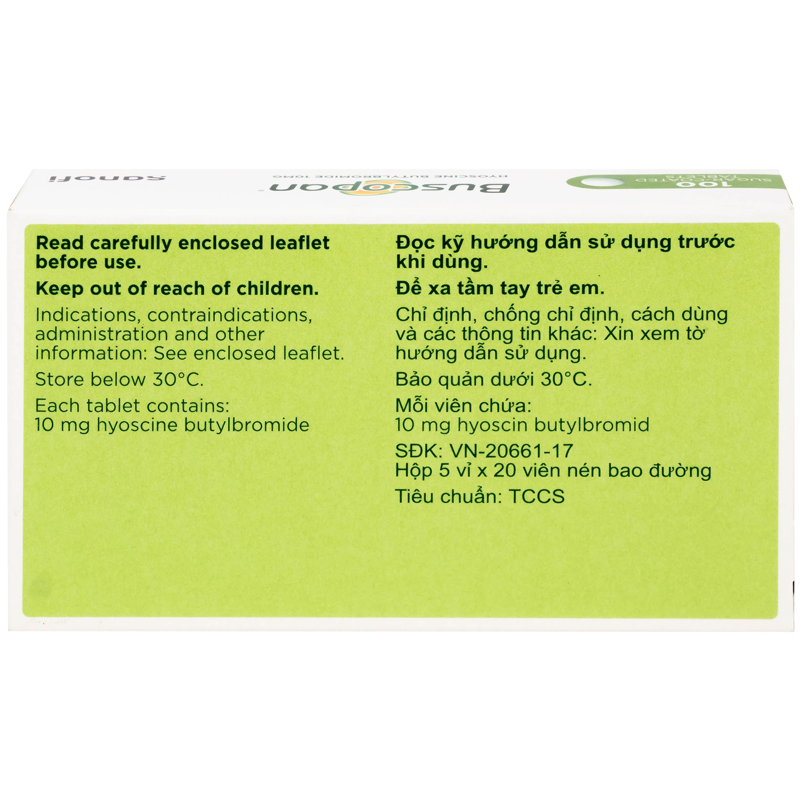 Thuốc Buscopan 10mg Sanofi giảm co thắt cơ trơn đường sinh dục – tiết niệu (5 vỉ x 20 viên)