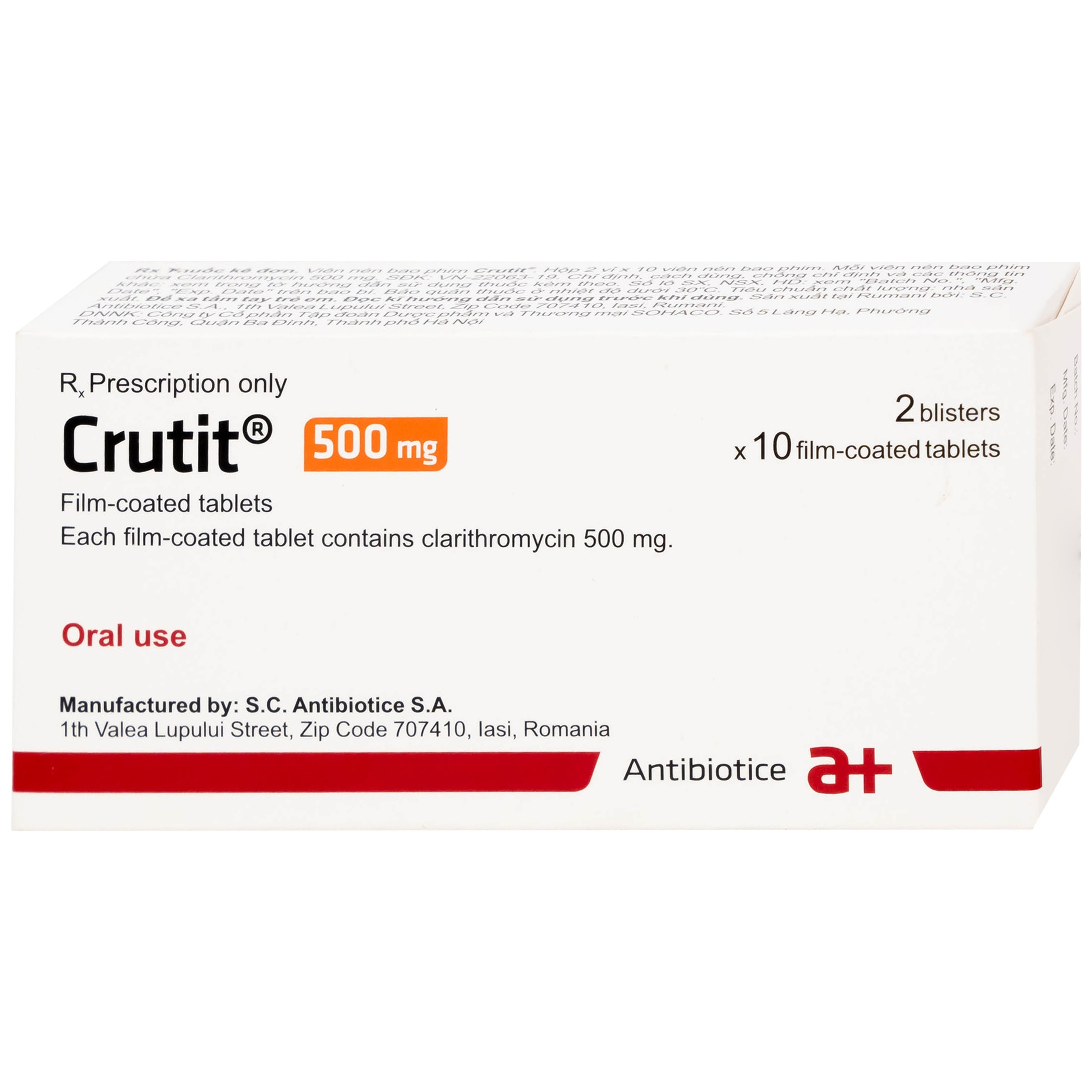 Thuốc Crutit 500mg S.C Antibiotice điều trị các bệnh nhiễm khuẩn do các vi khuẩn nhạy cảm (2 vỉ x 10 viên)