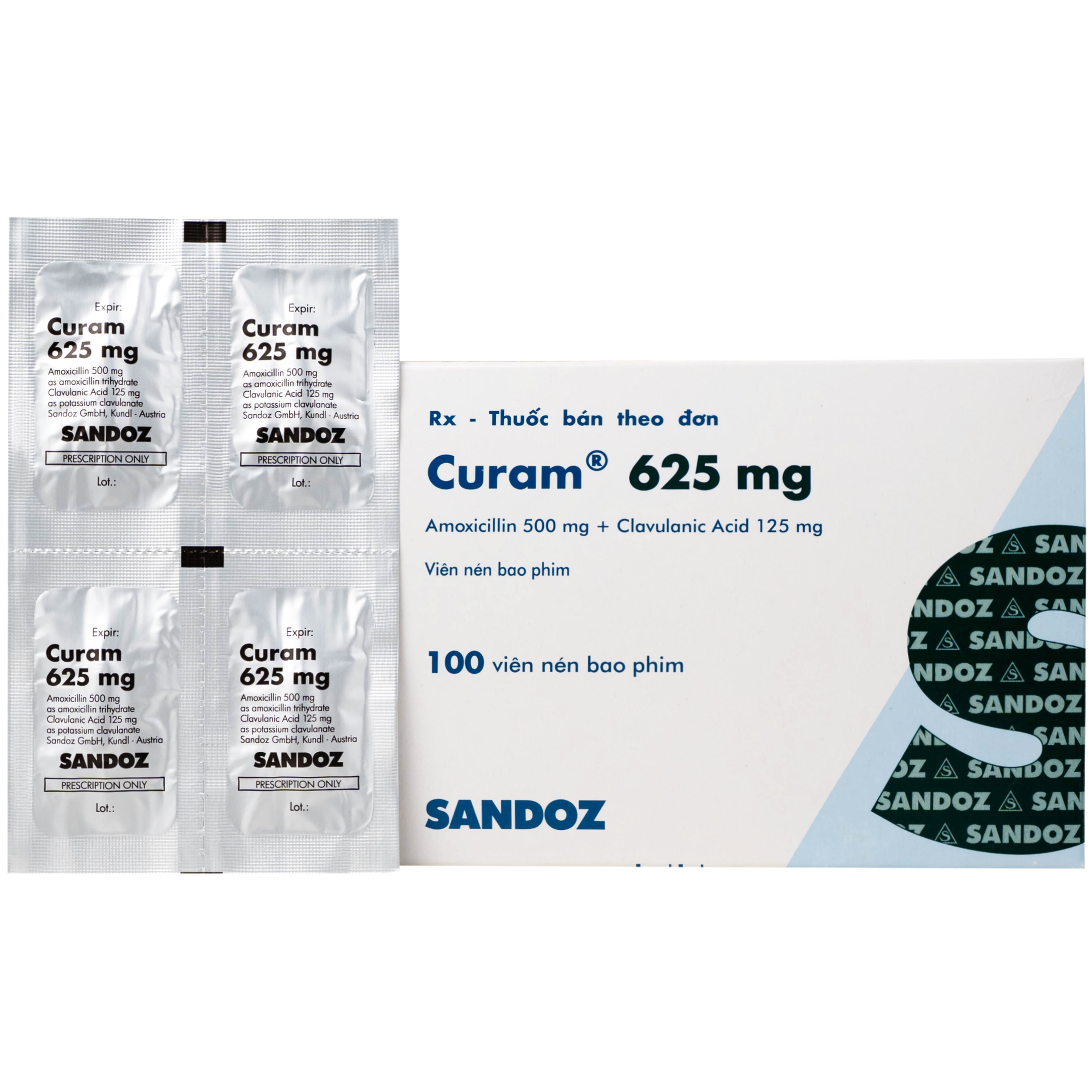 Thuốc Curam 625mg Sandoz điều trị nhiễm khuẩn do các vi khuẩn nhạy cảm (25 vỉ x 4 viên)