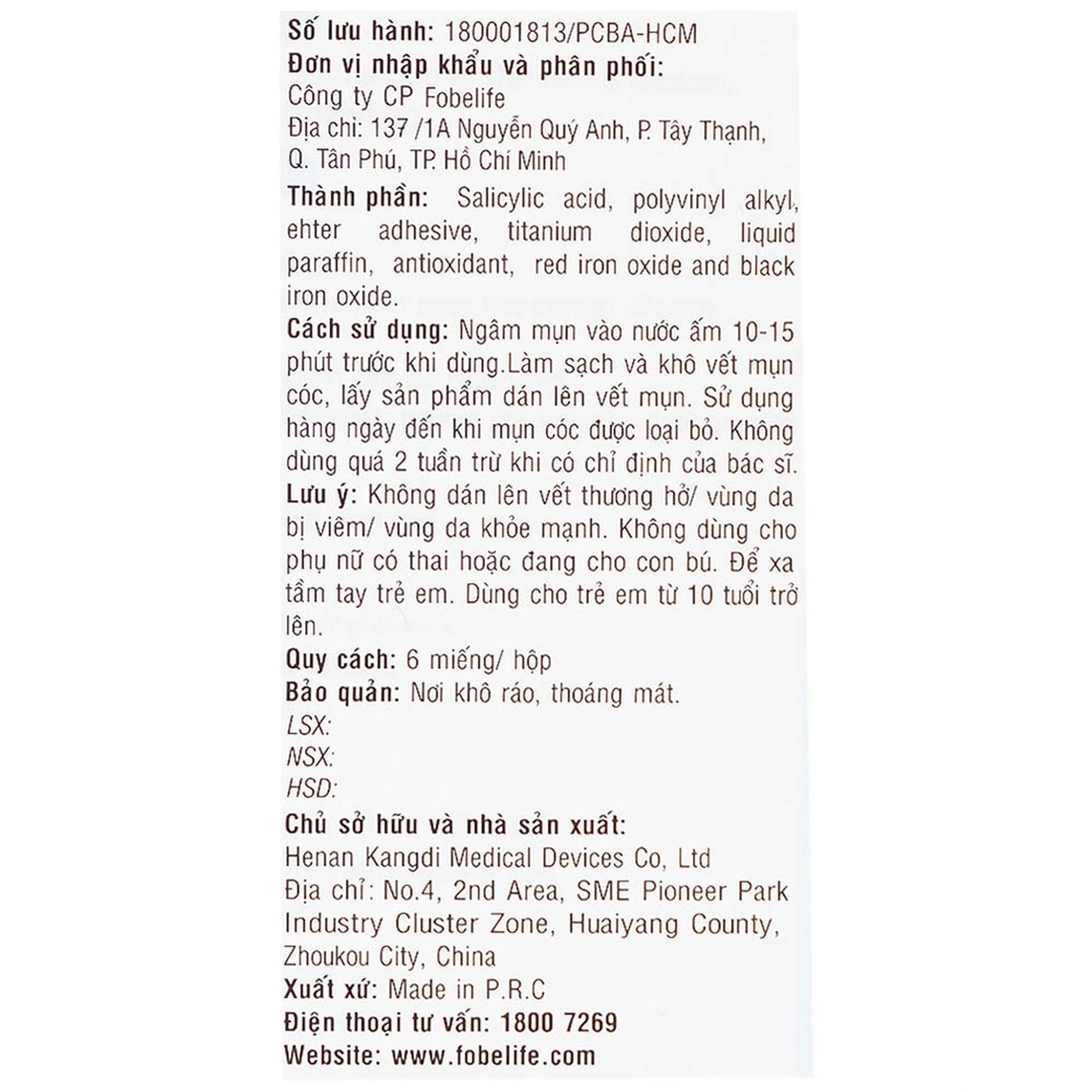 Miếng dán mụn cóc Kangdi Fobelife (6 miếng)